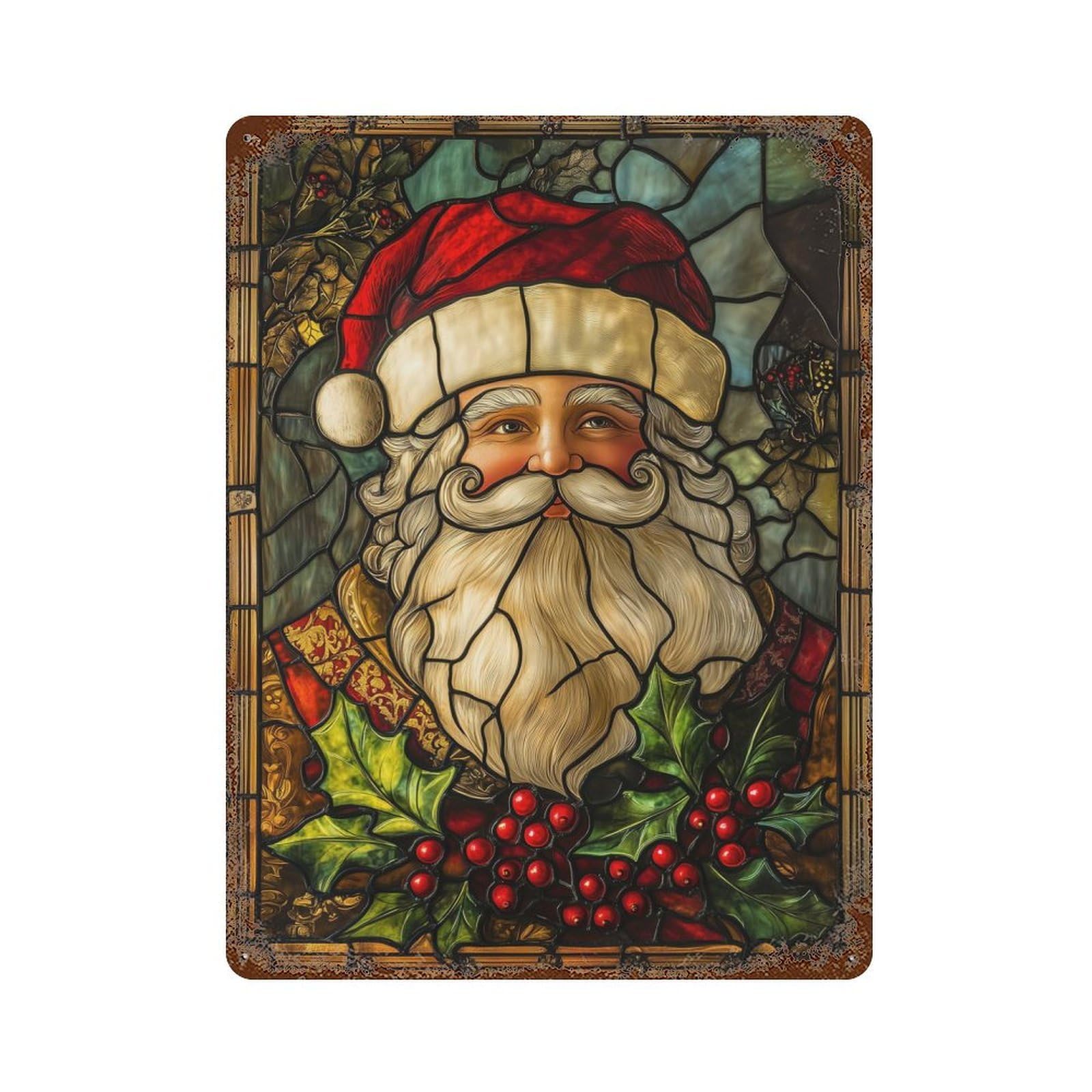 Rust Effect Stained Glass Santa Claus Rusty Metal Tin Sign 15.7"x11.8", Old School Wall Decor for Farmhouse, Kitchen And Entryway Decor