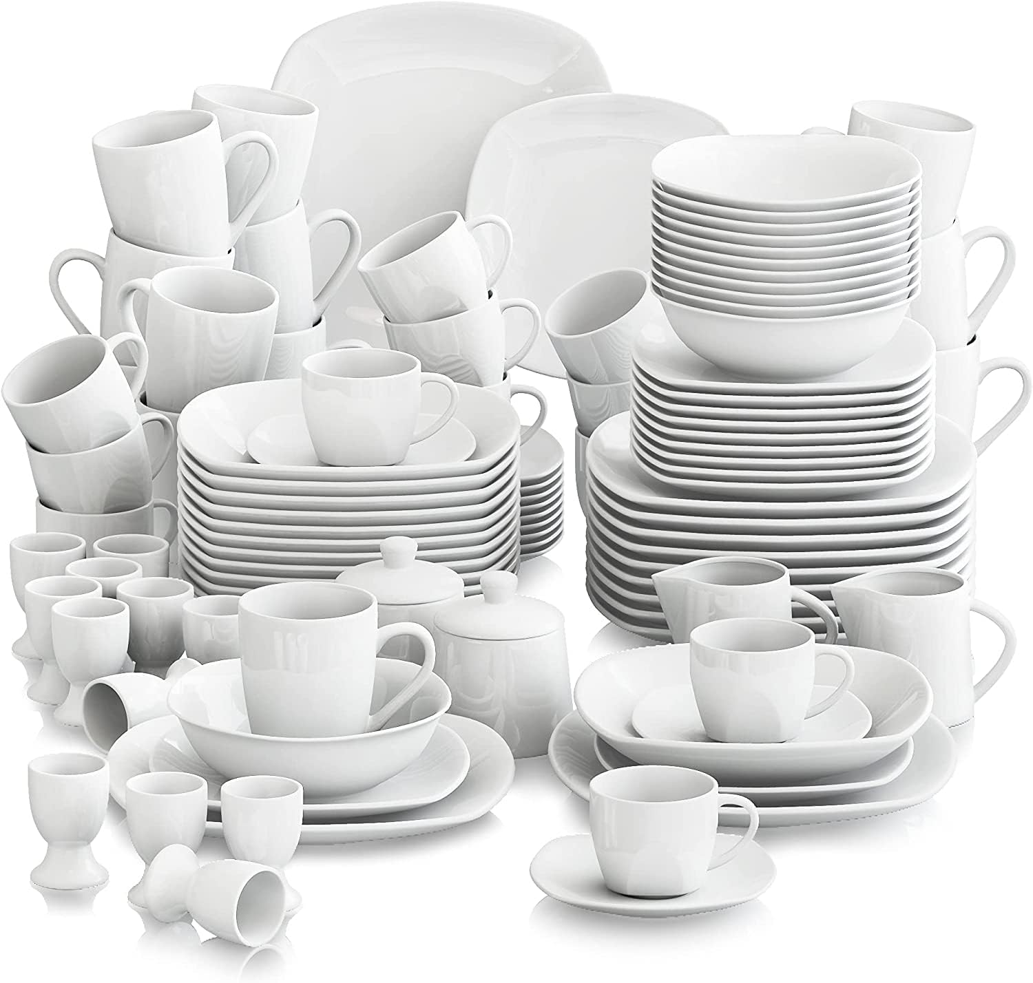 MALACASA Dinnerware Sets, 100-Piece Grey White Dish Set for 12, Square Dinner Set with Plates, Bowls, Cups and Saucers, Egg Cups, Sugar Pot and Milk Jar, Plates and Bowls Sets Oven Safe, Series Elisa