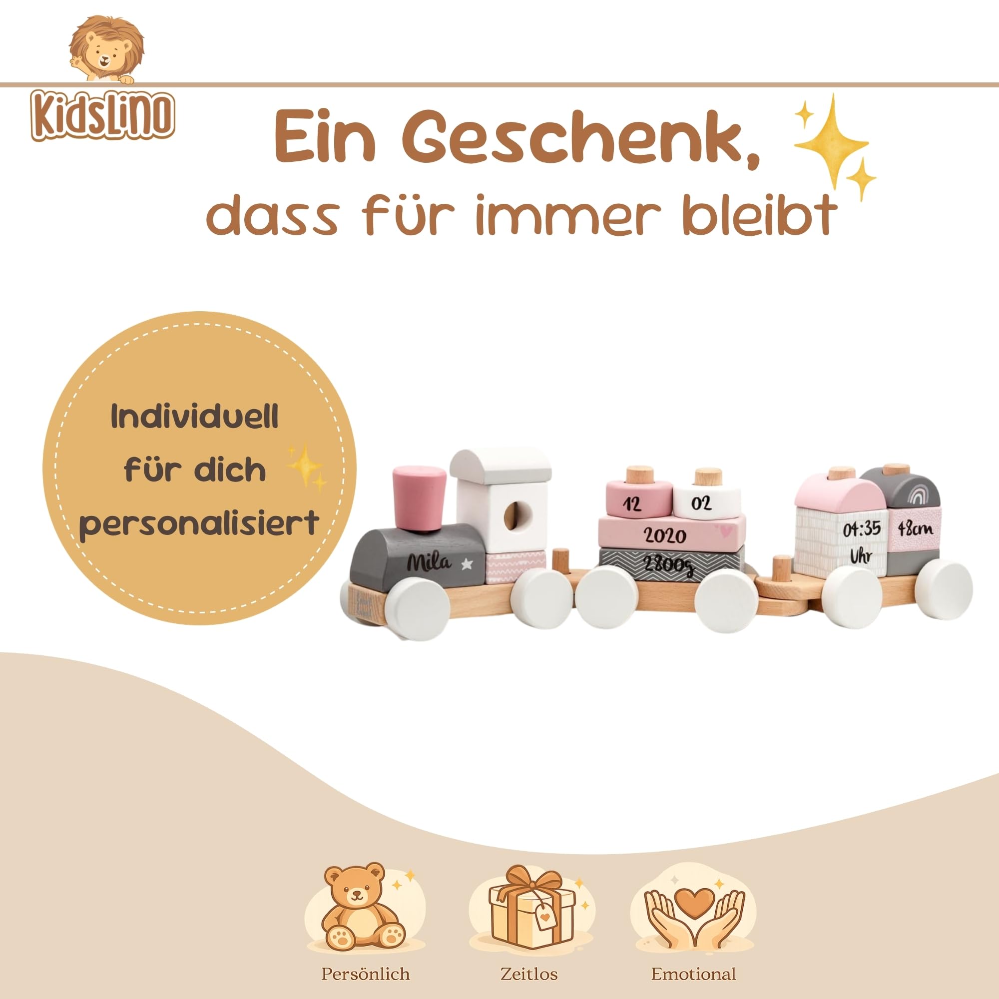 Personalisierte Holzeisenbahn rosa – Personalisierte Geschenke Baby | Steckspielzeug | Geschenk zur Geburt Mädchen | Holzzug mit Name & Geburtsdaten – Label Label