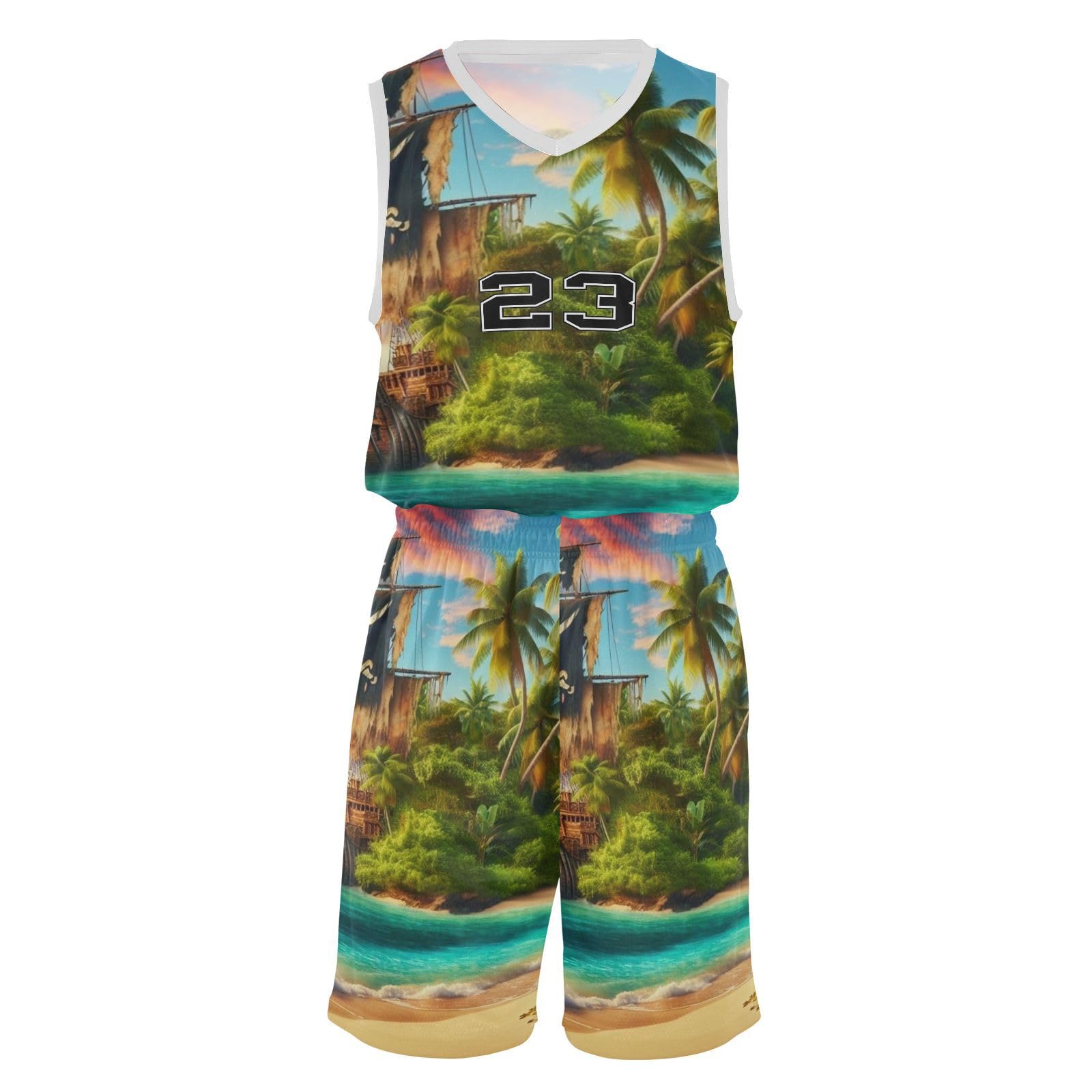 FLildon Tropic Pirate Ship Boys Basketball Jersey Set Tank Top Shorts Tracksuit Sport Training Suit for Kids