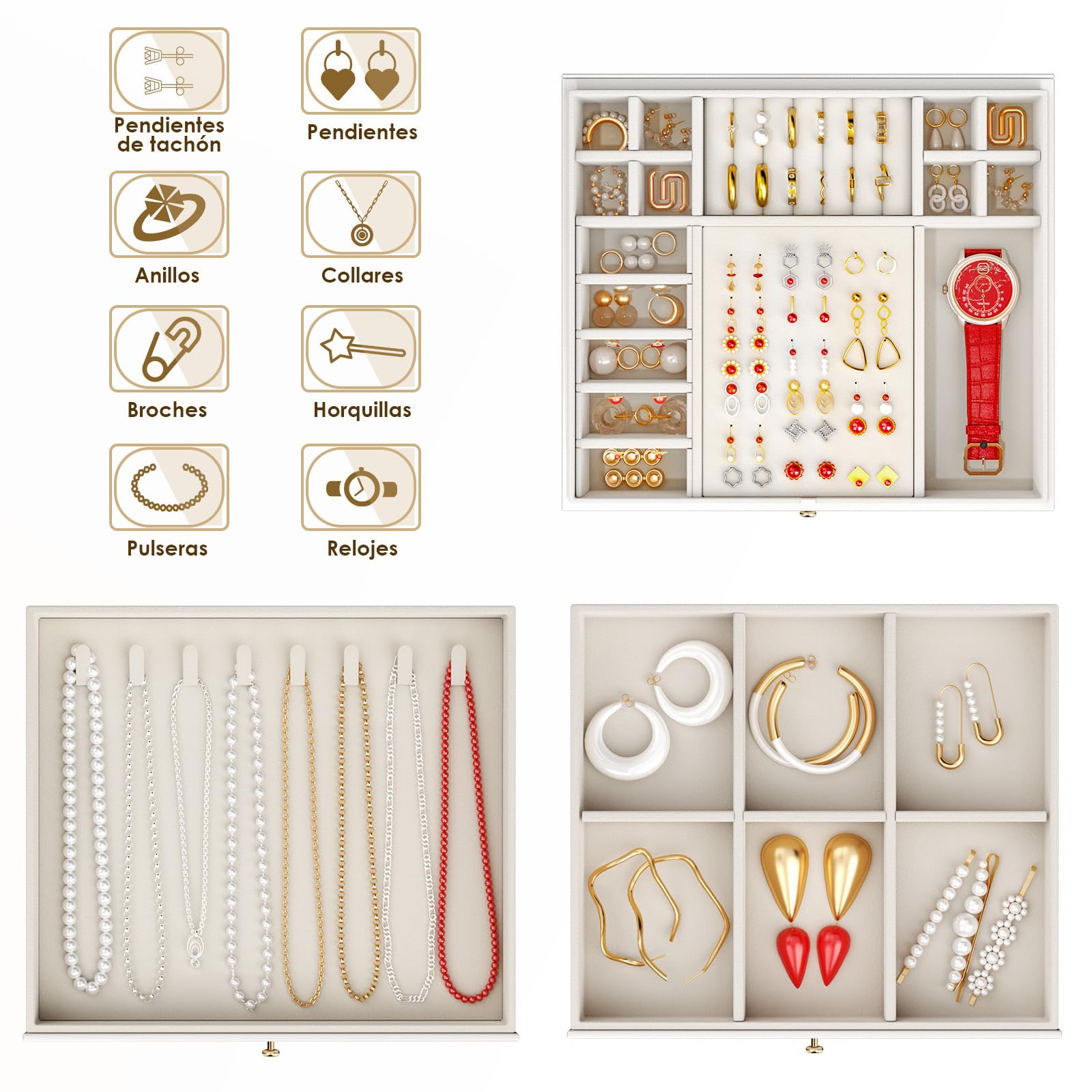 Caja Grande para Joyas 3 Niveles – Organizador Elegante para Anillos, Collares y Pendientes – 24 Compartimentos, Tapa Transparente –para Mujer(Blanco mate)