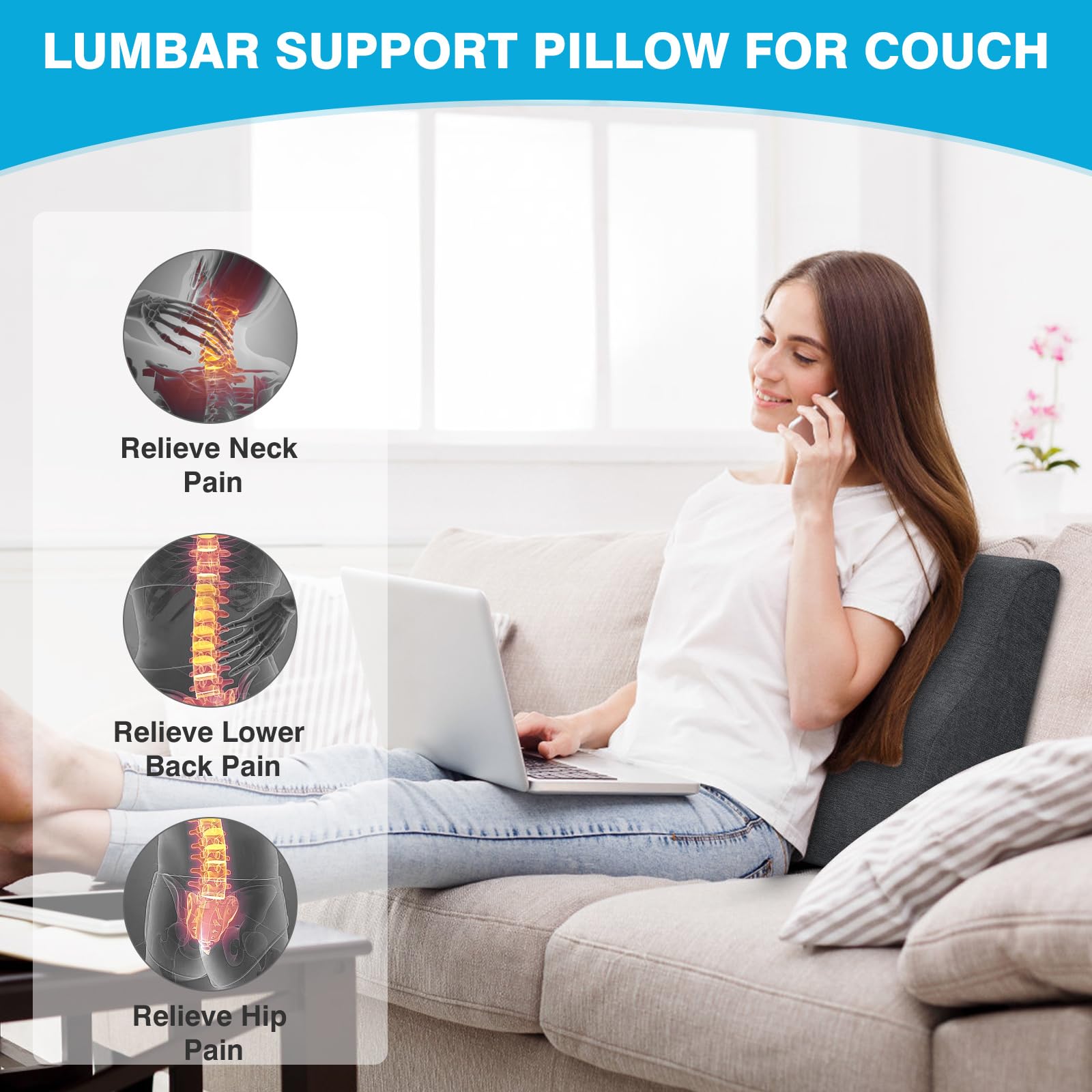 Coussin de soutien dorsal pour fauteuil inclinable, coussin de soutien lombaire double couche avec gel mousse à mémoire de forme, coussin orthopédique ergonomique pour personnes âgées,