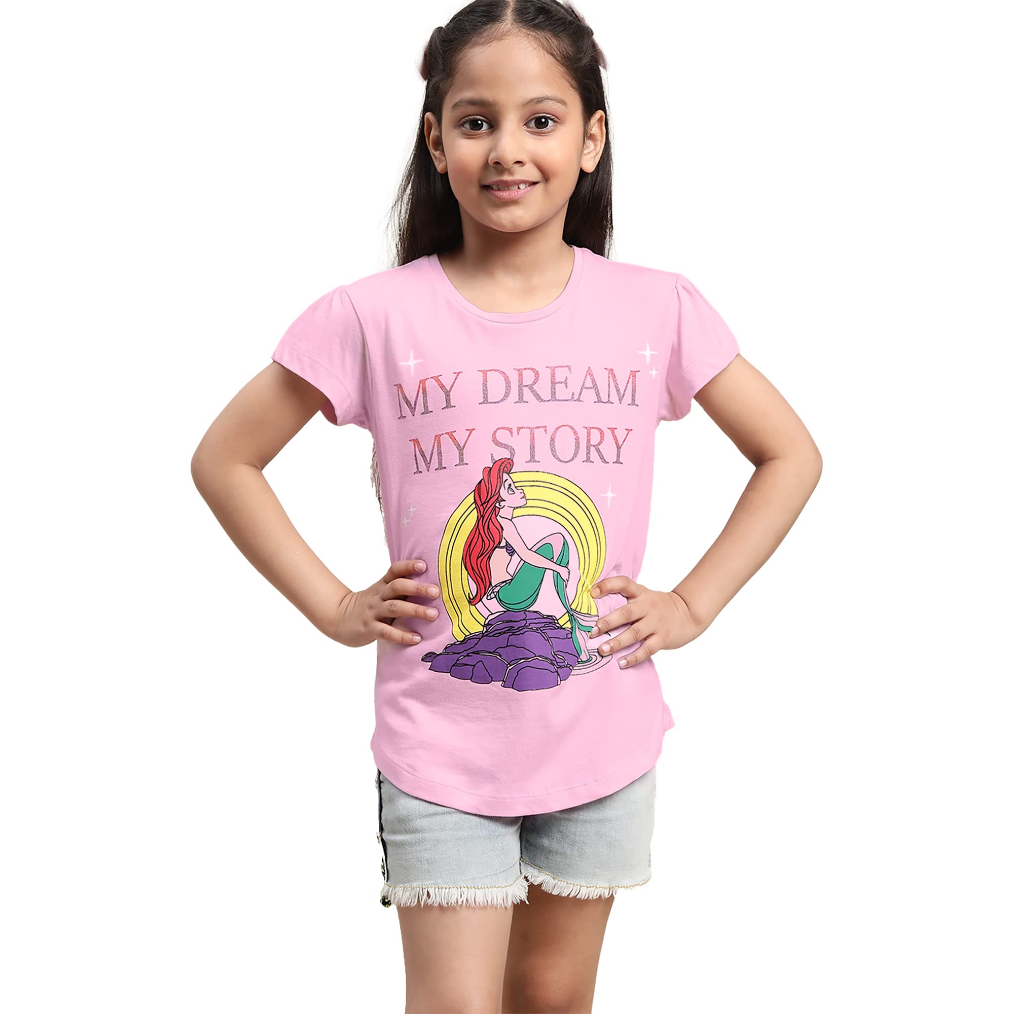 KidsvilleDisney Princess Printed Regular Fit Pink Cotton Girl's T-Shirt