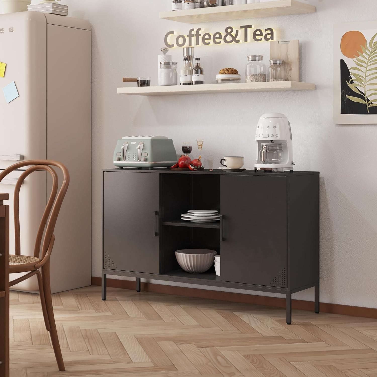 Steehoom Metal Black TV Stand with Storage,Storage Cabinet Coffee Bar Buffet Cabinet Kitchen Sideboard with Adjustable Shelves for Living Room Bedroom