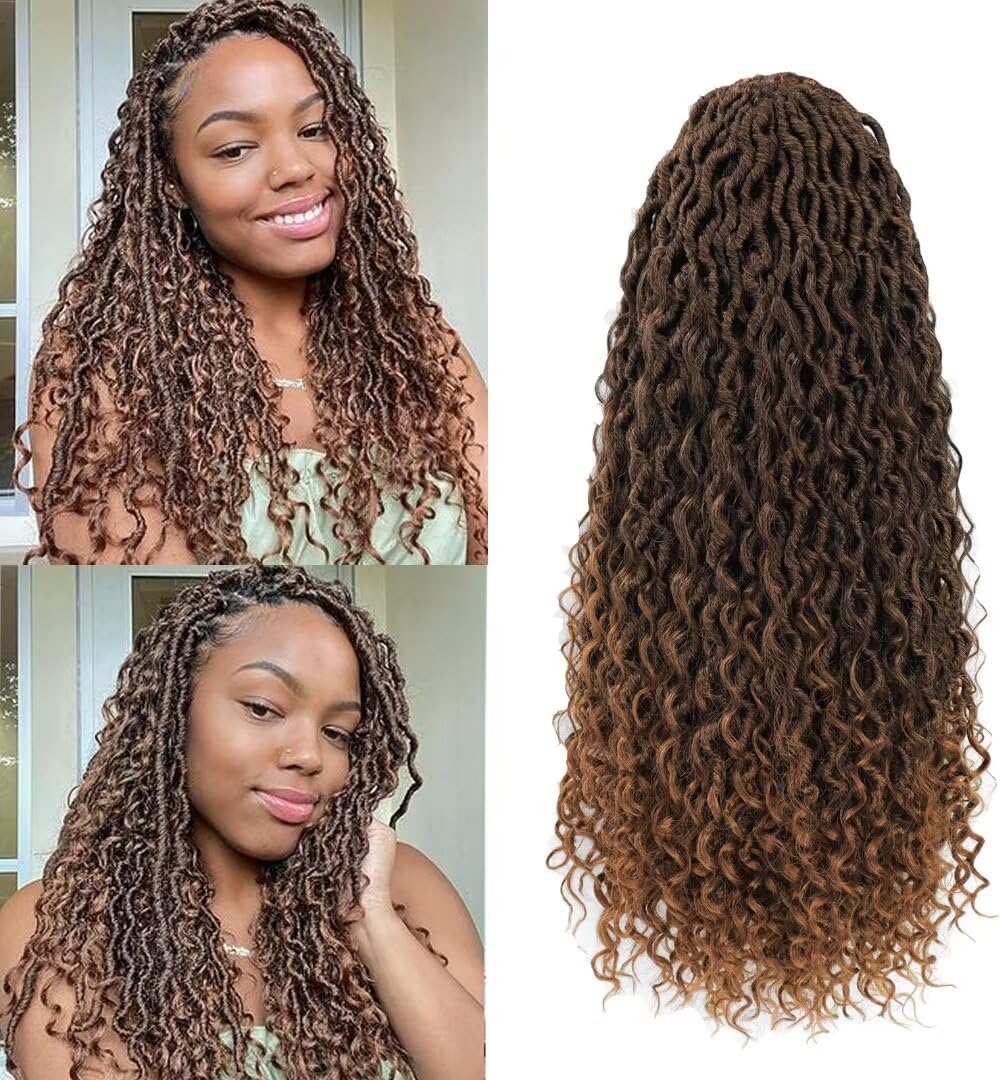 8 Packs New Goddess Locs Crochet Hair 18 Inch Ombre Brown River Locs Crochet Hair with Curly Ends Pre-looped Curly Faux locs Braids Hair Boho Style Synthetic Hair Extensions (18" 8Packs T1B/30#)