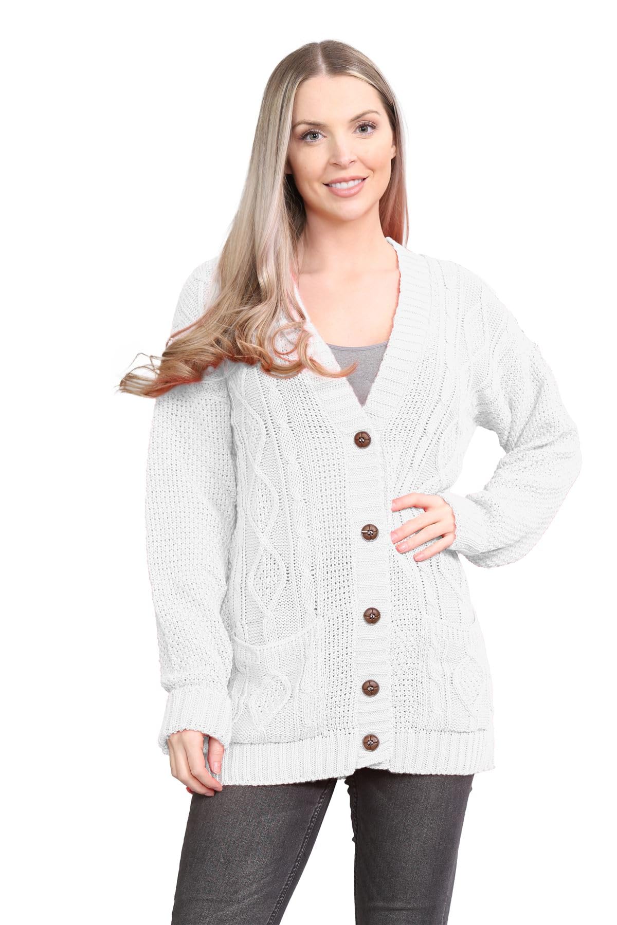 Janisramone Women's White Janisramone® Long Sleeve Chunky Cardigans For Uk, V Neck Button Up Cable Knit Cardigans, Warm Winter Long Jumpers Top For Casual And Daily Knitwear Cardigan