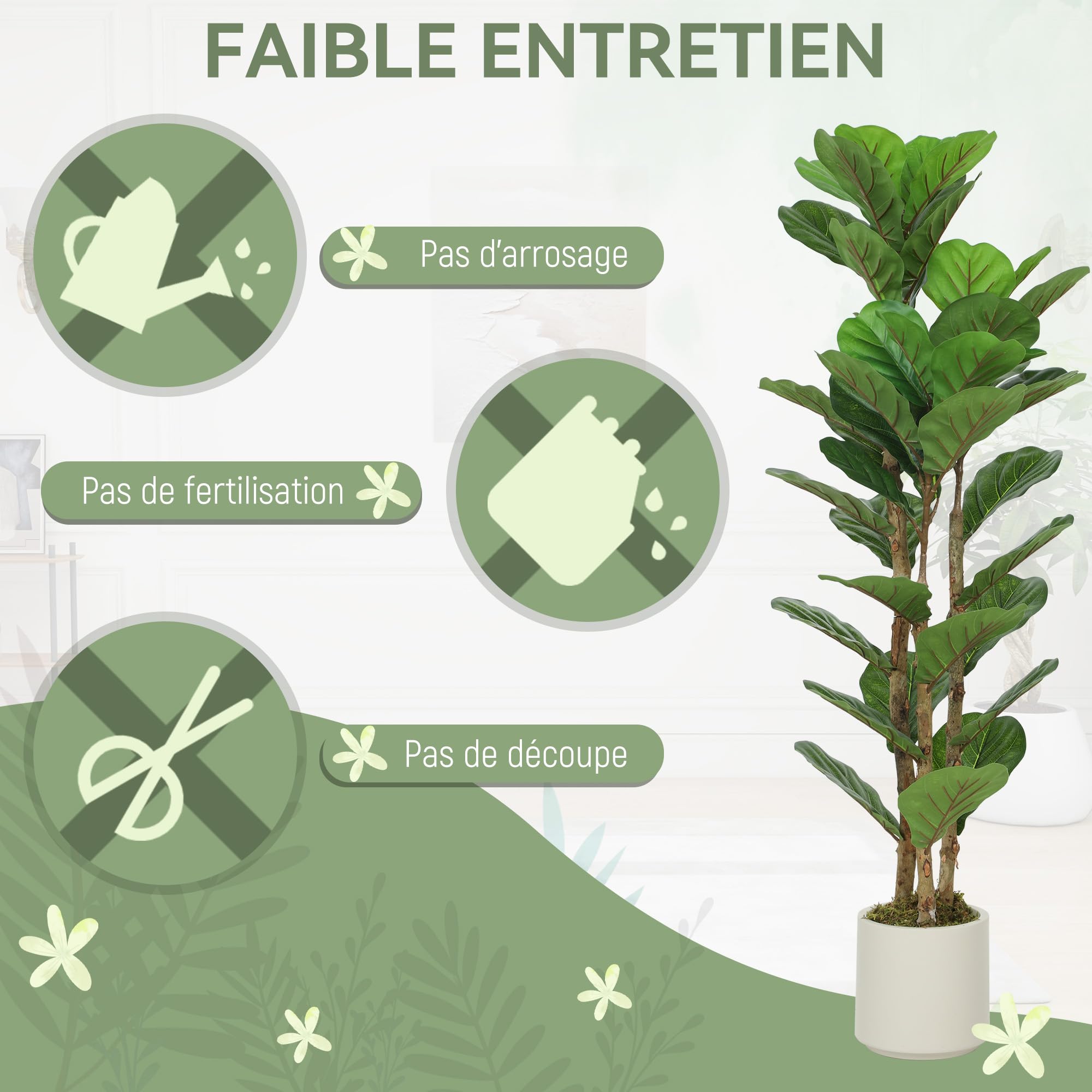HOMCOM Plante Artificielle Intérieure 120 cm Figuier Lyre 45 Feuilles Vert