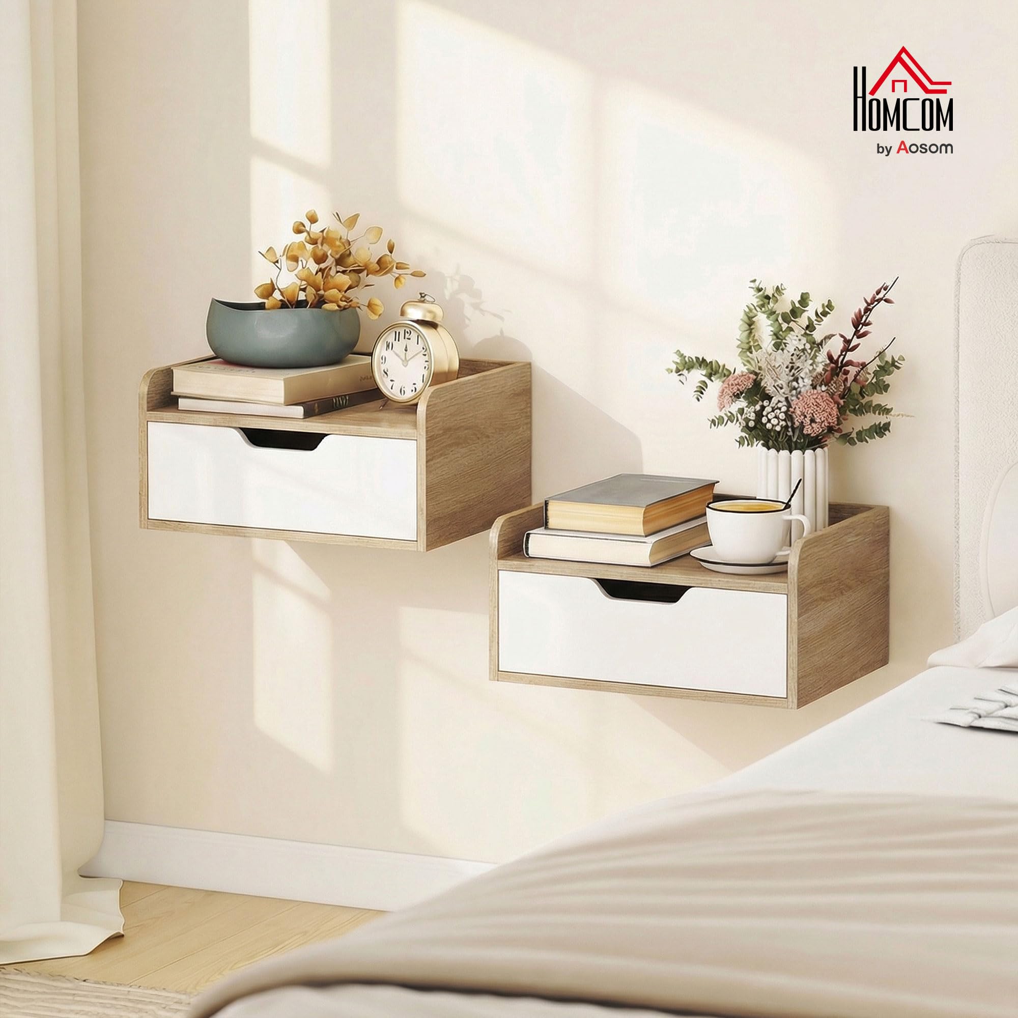 HOMCOM Lot de 2 Tables de Chevet murales, Tables de Nuit suspendues avec tiroir et Plateau à rebords surélevés, Style Moderne, pour Chambre à Coucher, Salon, 40 x 30 x 19,5 cm, Blanc et Bois Naturel