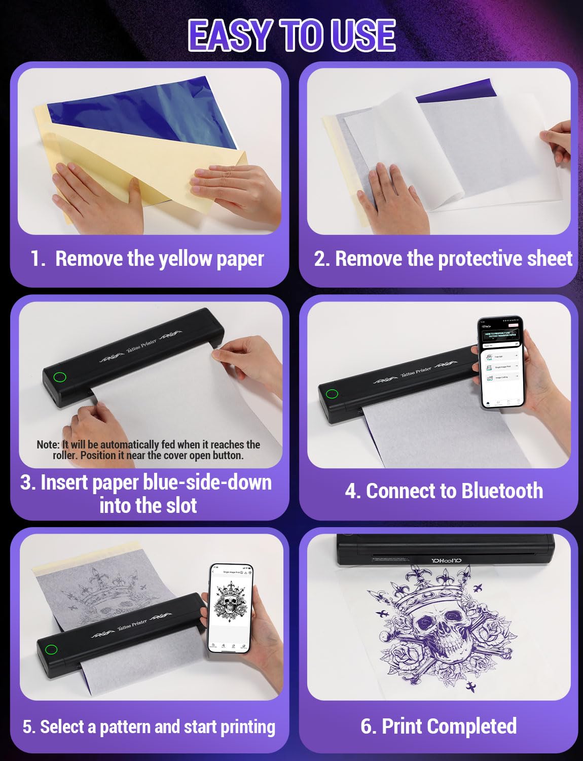 Step-by-step guide showing how to remove yellow paper, remove protective sheet, insert paper blue-side down into the printer, connect to Bluetooth, select a pattern, and print.