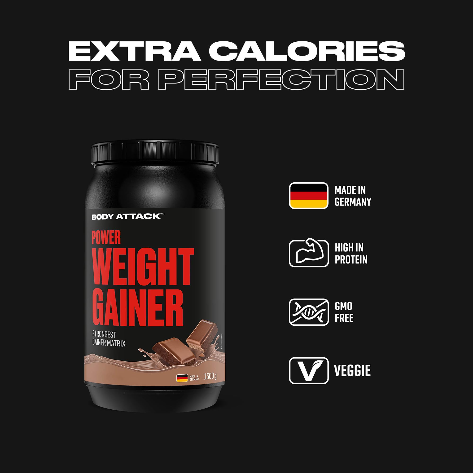 Body Attack Weight Gainer - Banana - 1,5 kg - Dein Mass Gainer für Masseaufbau & Muskelaufbau - Mit Whey Protein, BCAA und Kohlenhydraten - Dein fettarmer Masse Shake für hochwertige Kalorien