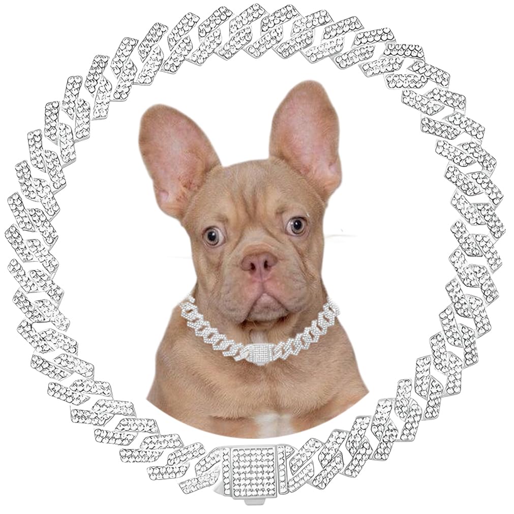 Silver Dog Chain Collars Bling Diamond Cuban Link Puppy Collar With Secure Buckle Walking Metal Chain Necklace Crystal Jewelry Cat Collars for Small Medium Large Pet Dogs Boys Girls 8 Inch