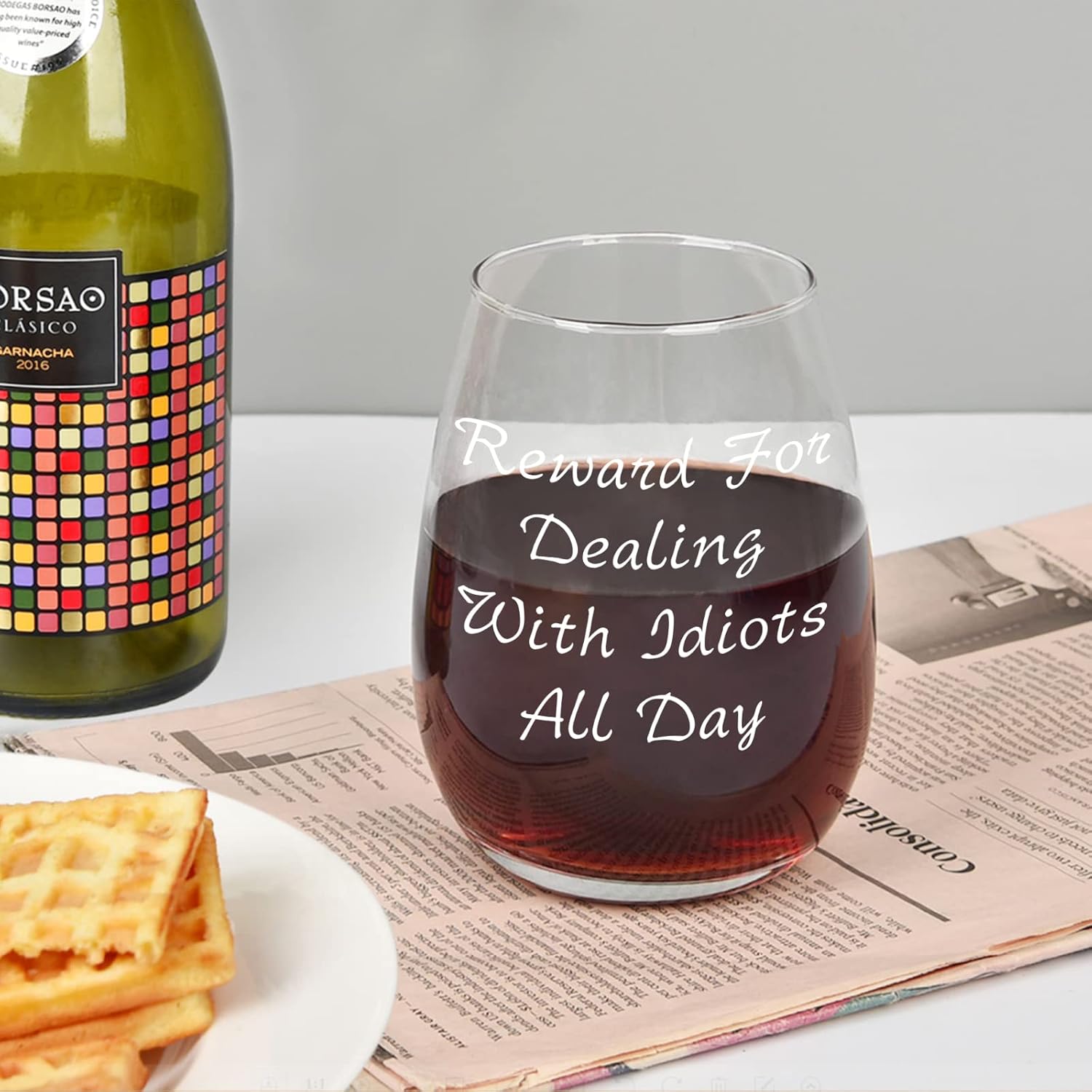 Futtumy Reward For Dealing With Idiots All Day Stemless Wine Glass 15oz, Funny Wine Glass for Men Women Friend Coworker Boss Lady, Novelty Christmas Birthday Office Gag White Elephant Exchange Gift - Image 2