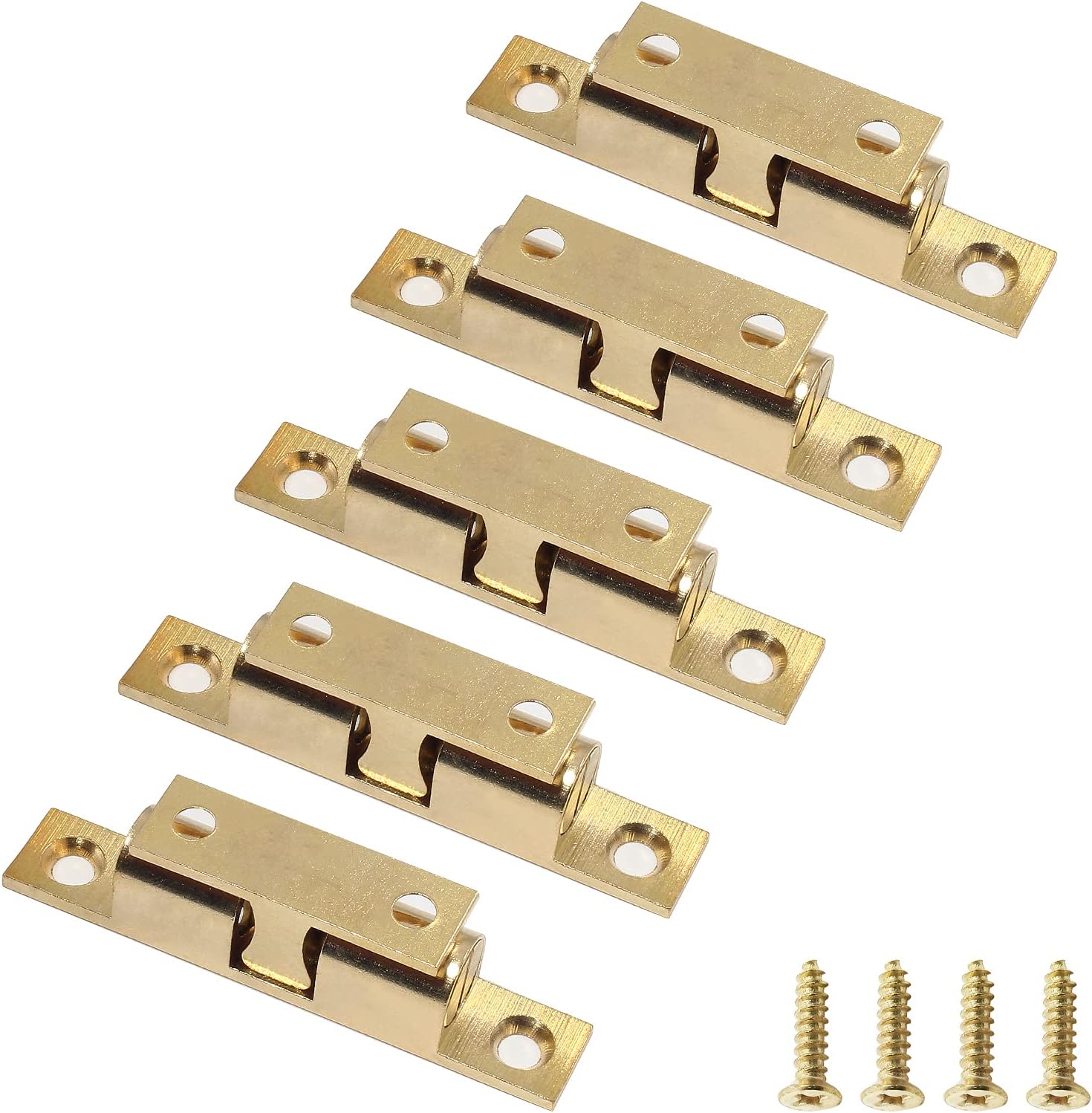 Uenhoy 5 Pcs Solid Brass Cabinet Door Catch, Dual Ball Tension Latch 2-3/4" Closet Ball Roller Catch Latch with Screw (Gold, 70mm)