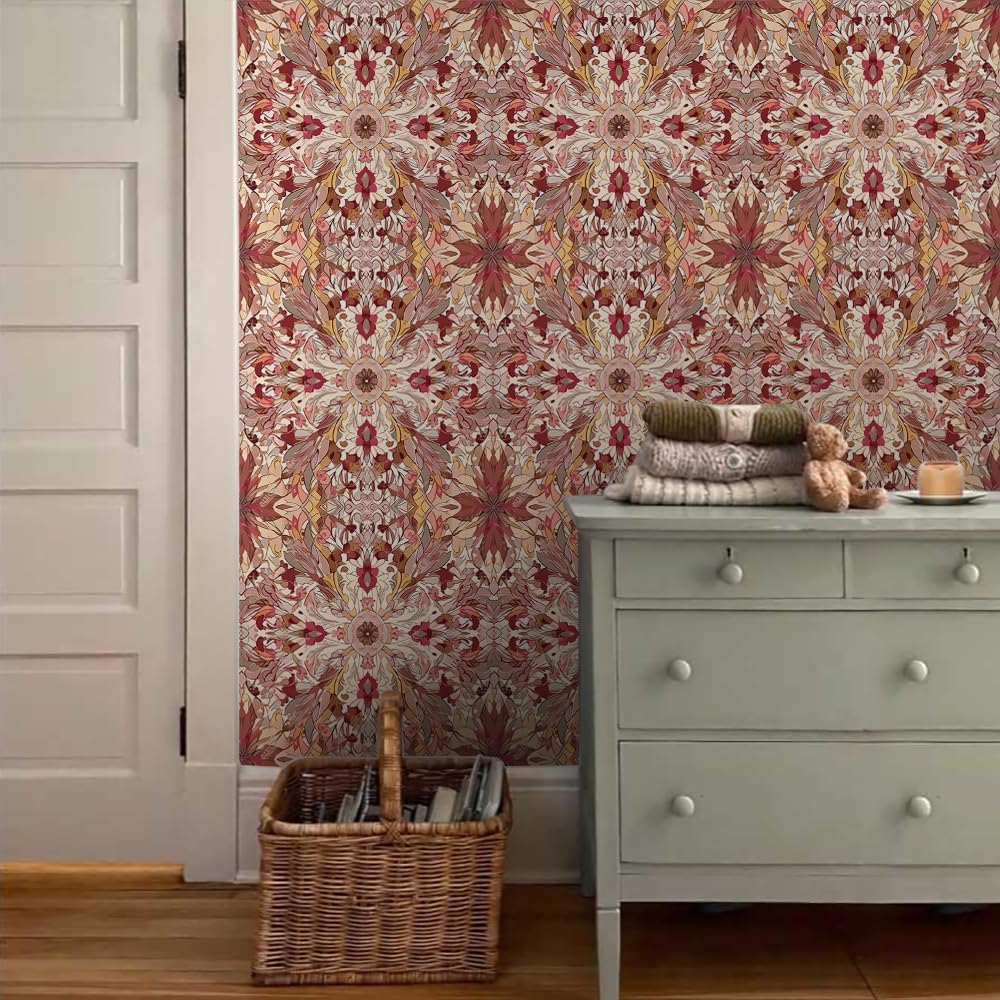 18"x236" Red Damask Flower Vintage Peel and Stick Self Adhesive Wallpaper Removable Contact Paper Stick on Easy Peel Off Wall Paper for Kitchen Bedroom Bathroom Renter