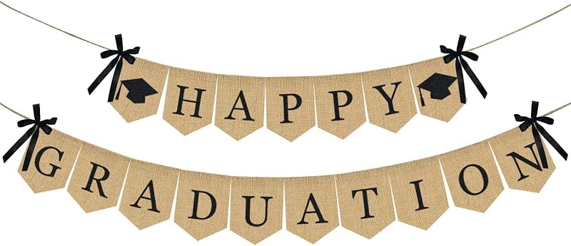 Pancarta de arpillera feliz graduación | Decoraciones rústicas de graduación vintage | Perfecto para suministros para fiestas de graduación 2026 | Decoración de fiesta de graduación para el hogar, la universidad, la tercera edad y la escuela secundaria