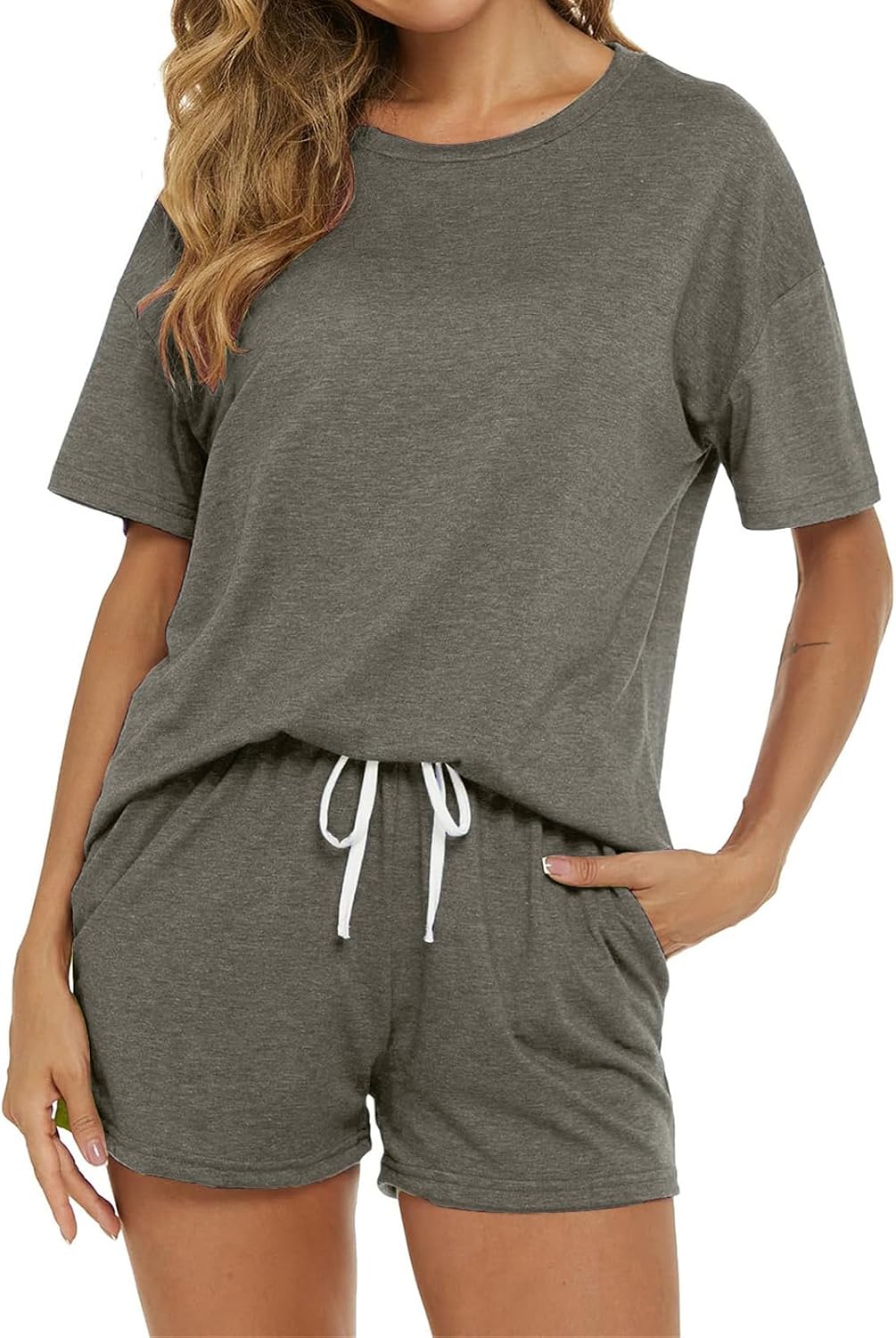 Pajamas Set for Womens 2 Piece Lounge Sets Short Sleeve Top And Drawstring Shorts Matching Outfits Sleepwear 2025