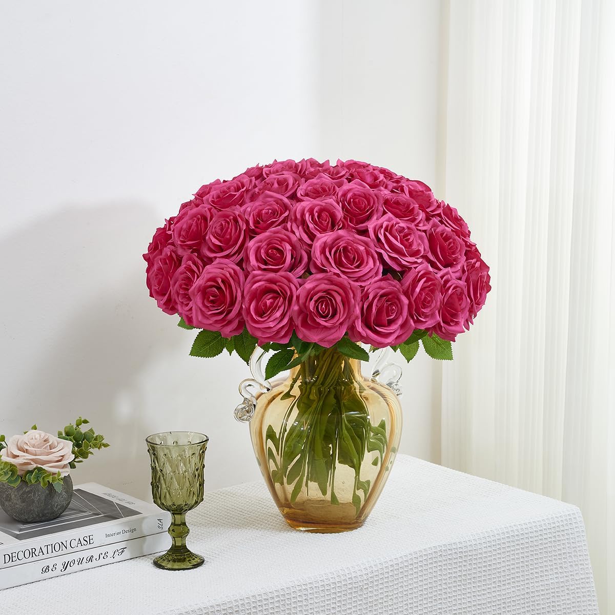 50pcs Hot Pink Roses Artificial Flowers Bulk,Fake Roses Silk Flower with Stems Realistic Flowers for Wedding Centerpiece Home Party Decor - Image 3