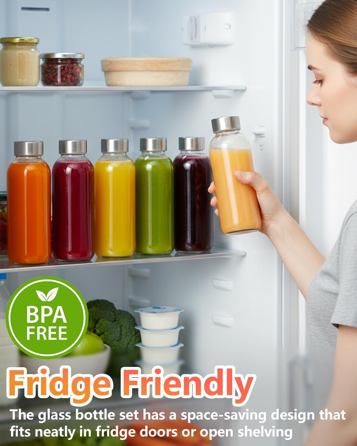 Zukro Glass Water Bottles with Lids & Straw 16 oz, 12 Pack Reusable Juice Bottles With Stainless Steel Cap for Juicing, Leak Proof Clear Drinking Jars Beverages Containers, Fridge Safe & BPA Free