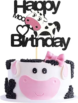 Sotpot Happy Birthday Cow Cake Topper, Glitter Cow Cake Topper for Baby Shower Boy Girl Cow Farm Animal Themed Birthday Party Cake Decorations Supplies
