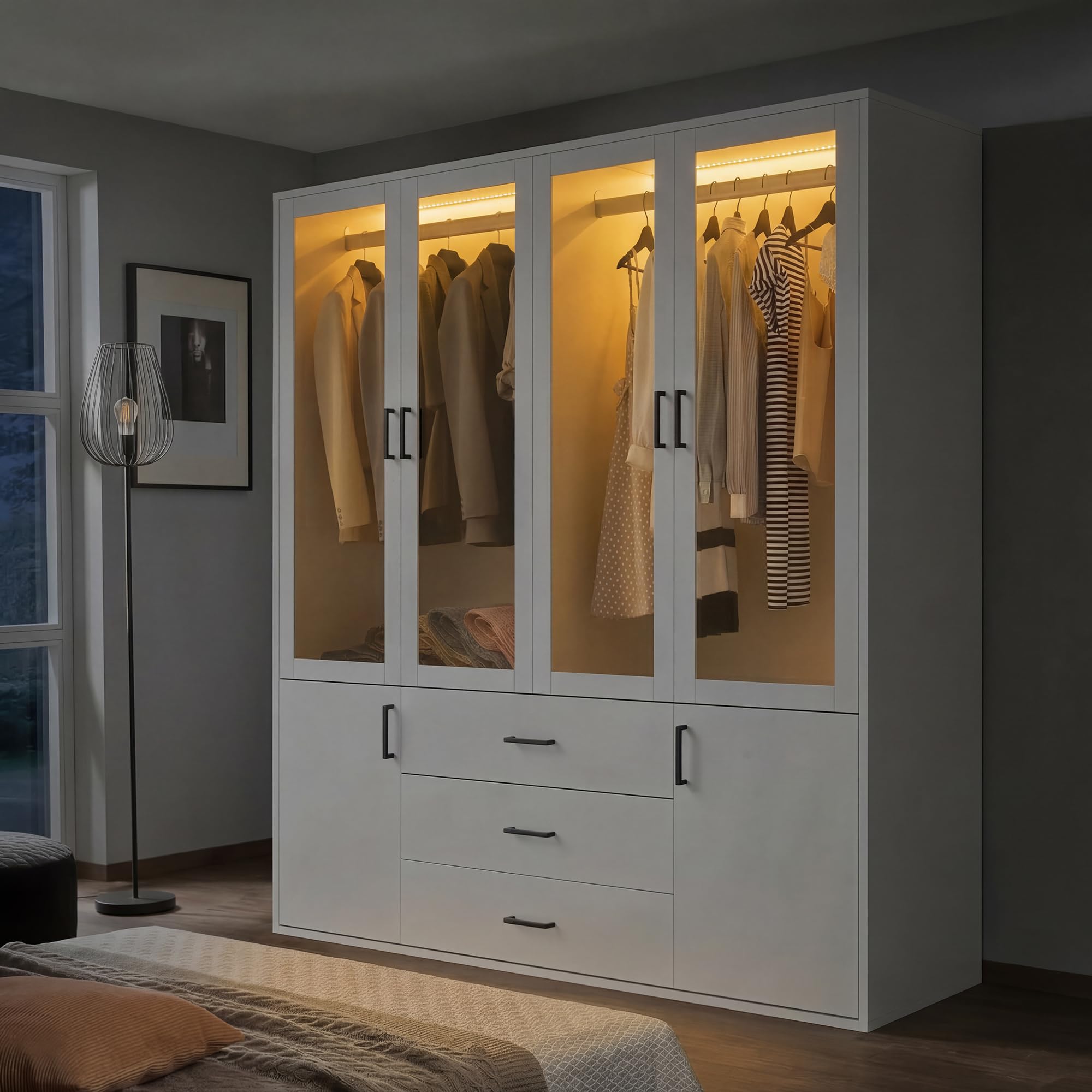 Armadio bianco con LED, 160 cm di larghezza, con porte girevoli, 4 ante in vetro, 2 porte, 3 cassetti, appendiabiti, armadio moderno, per camera da letto
