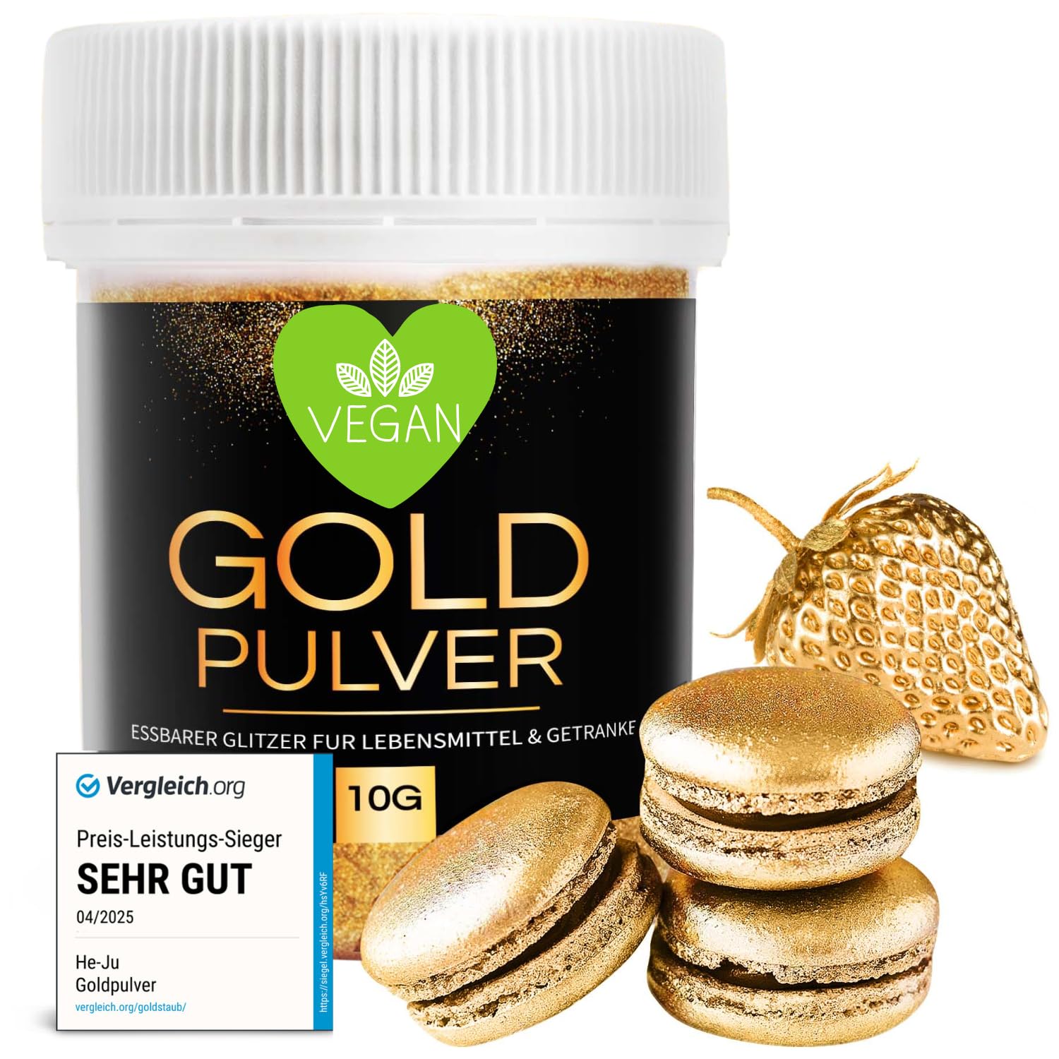 He-Ju Goldpulver essbar 10g, vegan und ohne E171, Lebensmittelfarbe Gold, essbares Glitzer für Getränke und Lebensmittel