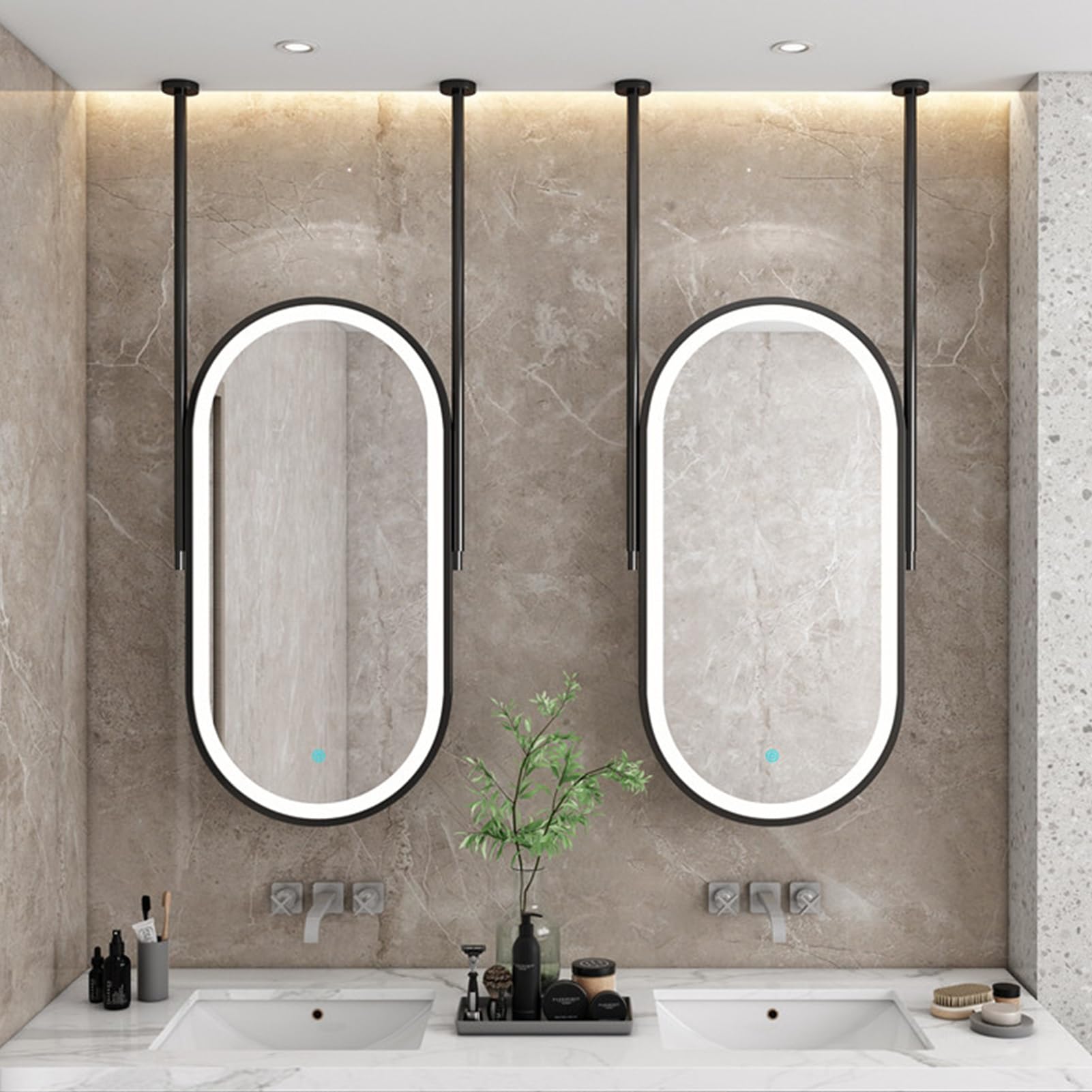 ITOSUI Makeup Vanity Mirror with Lights, Black Metal Framed Decorative Hanging Mirror, LED Bathroom Mirror with Ceiling Rods, Modern Shaving Mirrors for Home or Hotel(40cmx60cm)