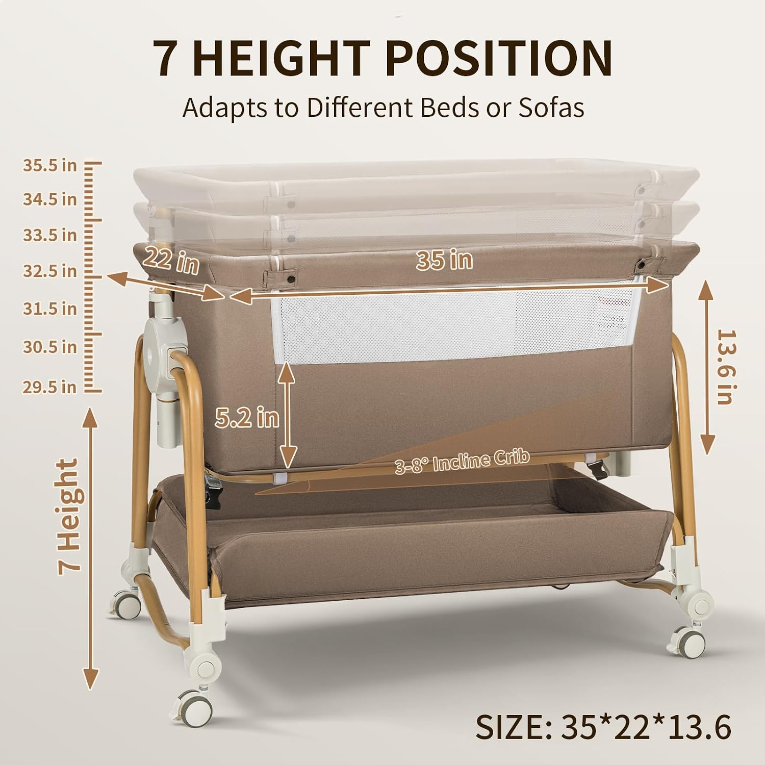 4 in 1 Baby Bassinet | Bassinet Bedside for Baby on Wheels with Storage Basket | 7 Height Adjustable Breathable Mesh Rocking Bedside with Musquito Net for Newborn (Khaki)
