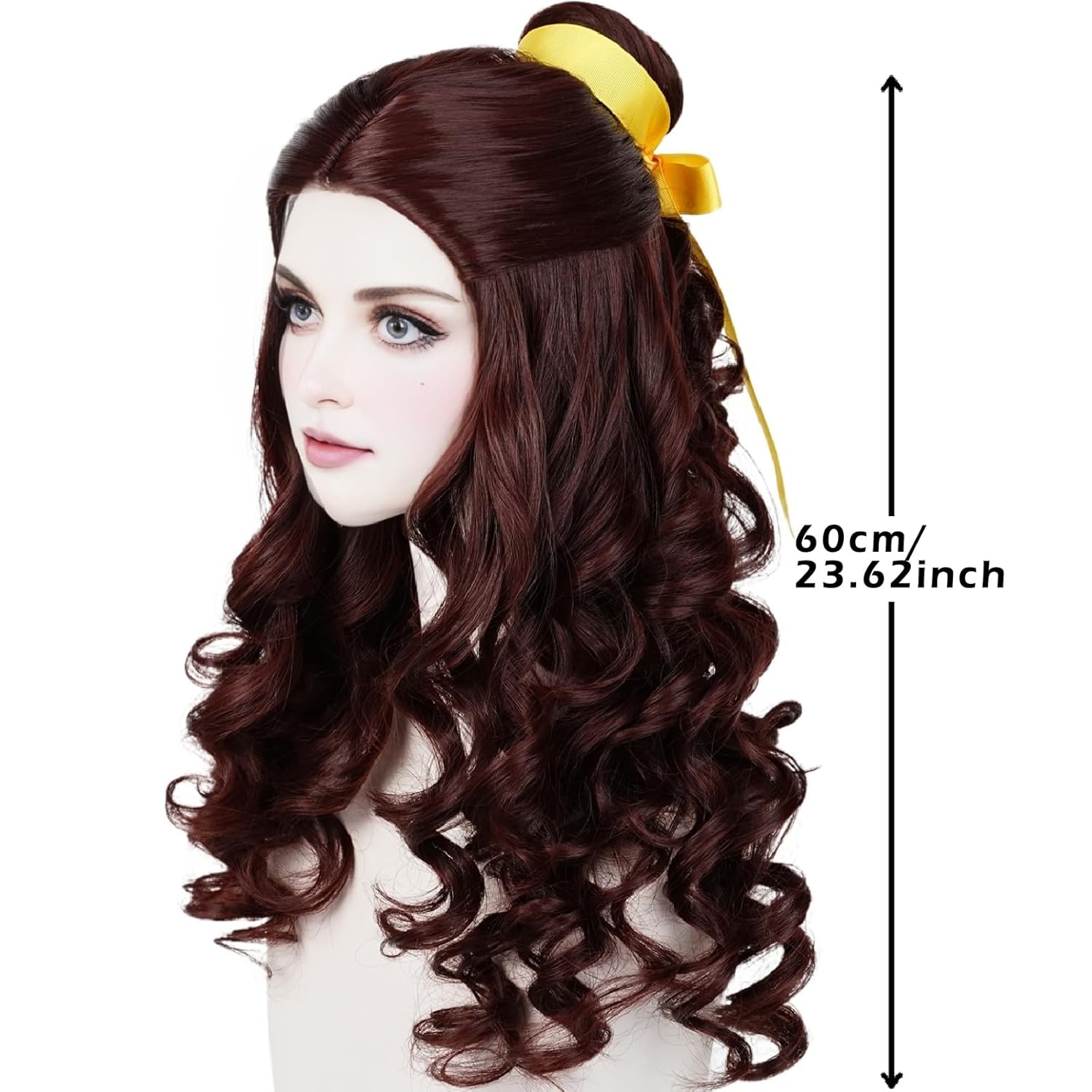 Wiggy Mermaid Prestyled Brown Curly Wig for Women + Yellow Ribbon + Detachable Bun, 60cm Long Brown Wavy Hair Wig with Wig Cap for Halloween Costume Cosplay