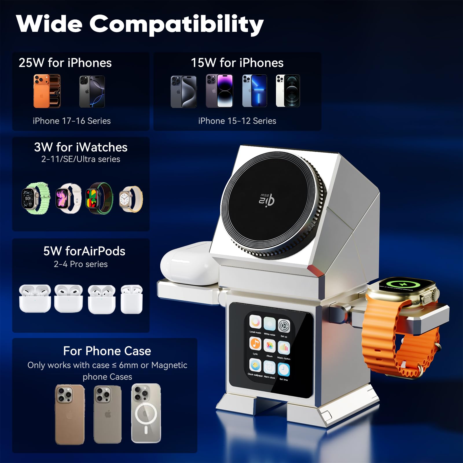 Robotic Station de charge sans fil 3 en 1 pour iPhone avec écran tactile LCD, haut-parleur Bluetooth, réveil, Qi2 25 W magnétique rotatif pour iPhone iWatch AirPods, adaptateur 45 W inclus, argenté