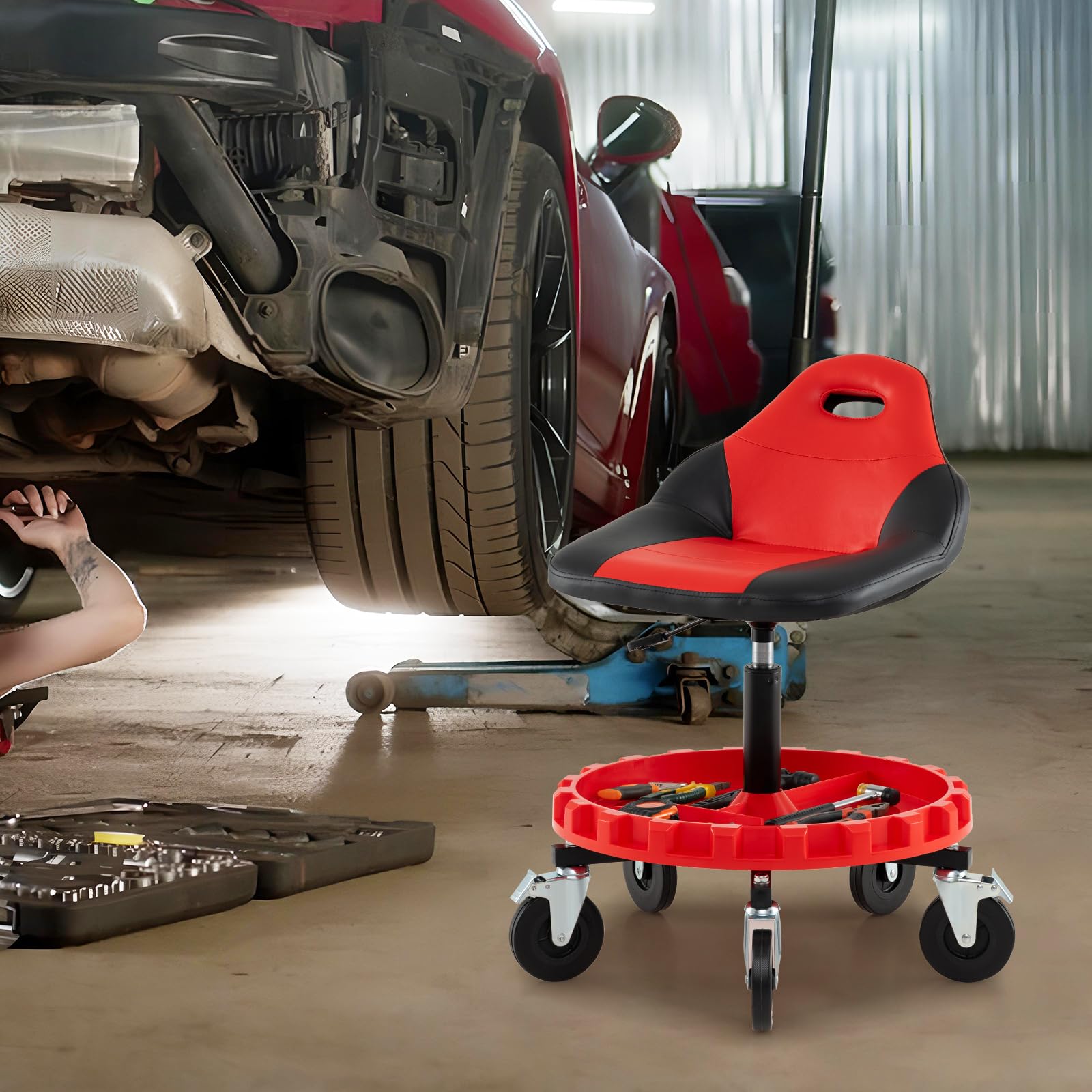 GOPLUS Taburete de Taller Ajustable en Altura, Taburete Mecánico Móvil con 5 Ruedas, Palanca de Ajuste y Asiento Giratorio en 360°, Asiento de Taller con Bandeja de Almacenamiento para Garaje