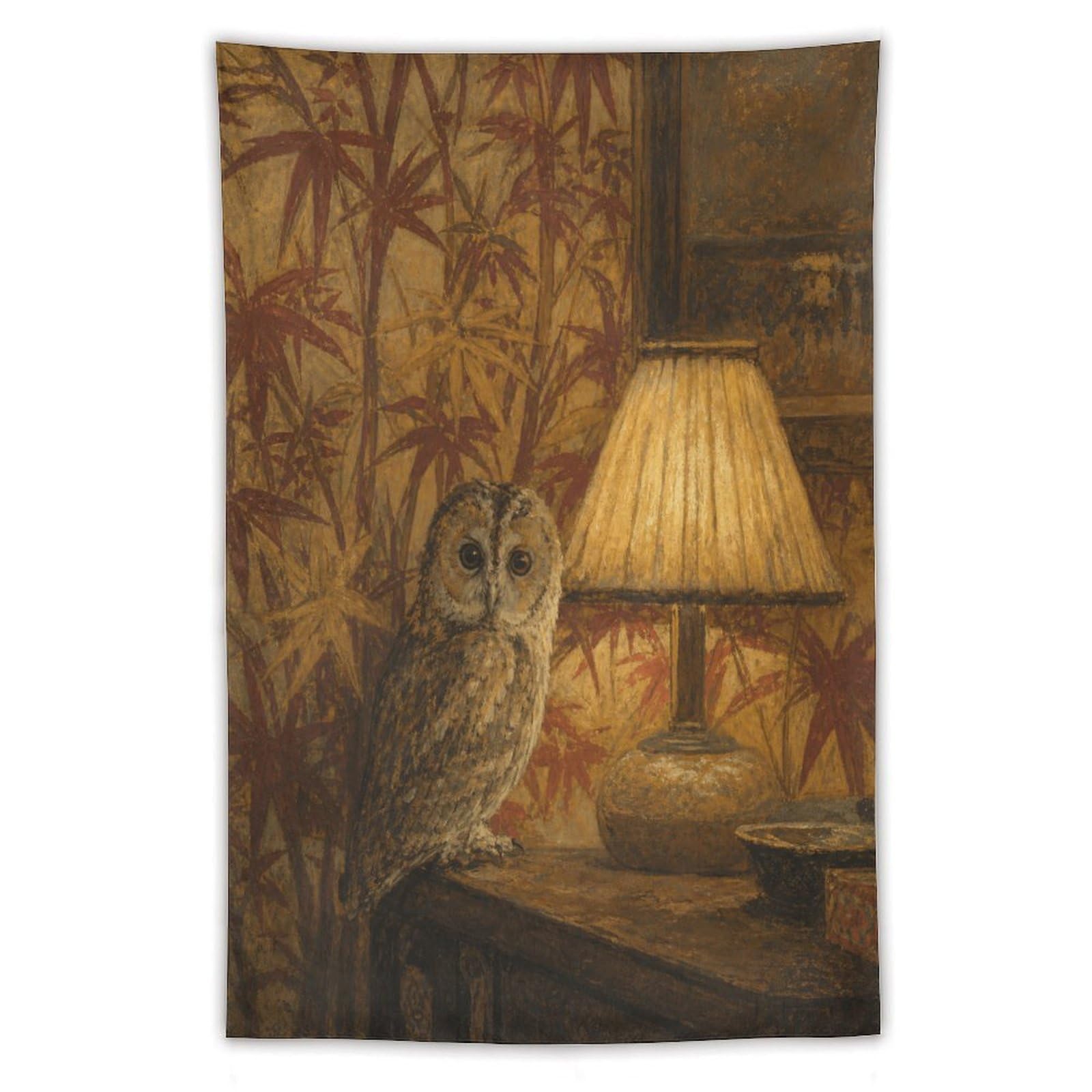 H3B8U2Y5 Owl by Lampshade Wall Tapestry, Realistic Illustration, Backdrop