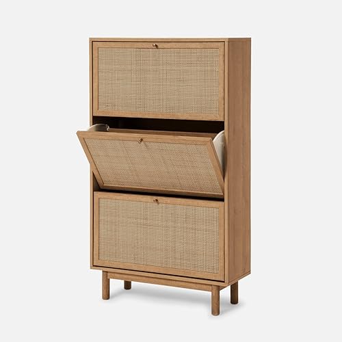 Hannah - Armario de zapatos, organizador de ratán natural, almacenamiento, estante de armario para entrada, con armario espacioso, estantes, patas