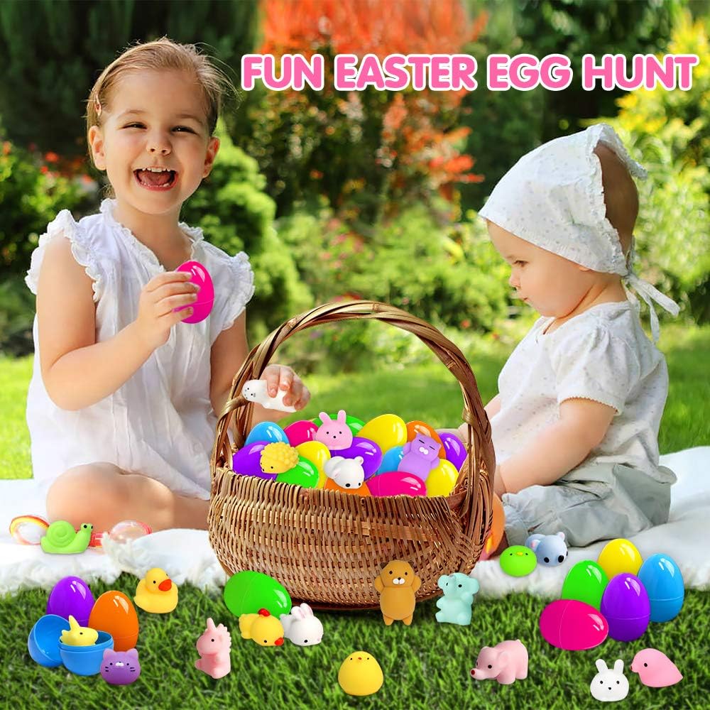 ORWINE 36Pcs Easter Eggs + 36Pcs Mochi Squishy Toy Easter Basket Stuffers Easter Egg Fillers Mini Squishies Party Favors for Kids Animal Squishy Easter Egg Hunt Party Supplies Easter Gift Treats Bunny