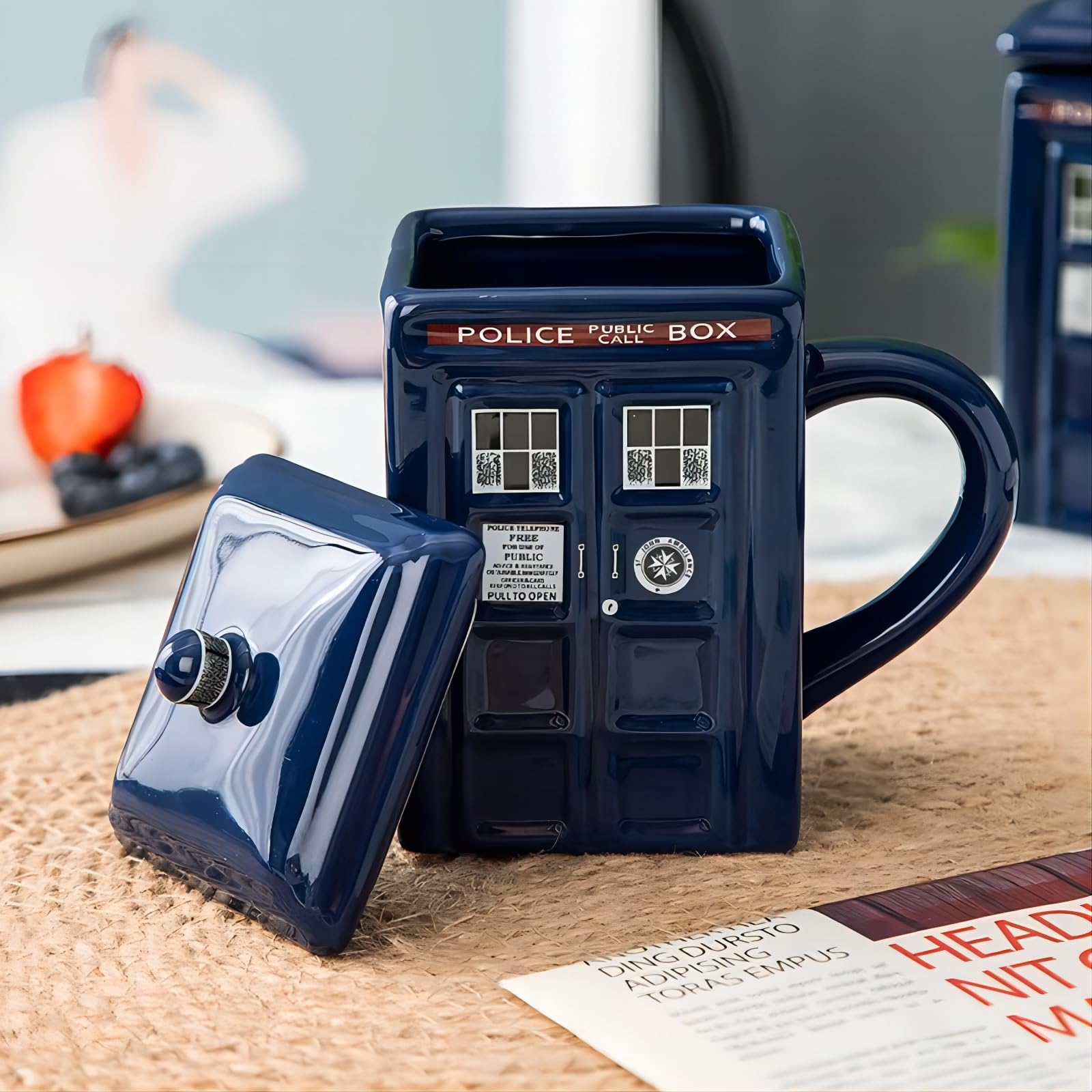 MBSM Creative Mug – Doctor Police Box Tazza in ceramica con coperchio per caffè, tè e altre bevande, tazza quadrata da 425 ml