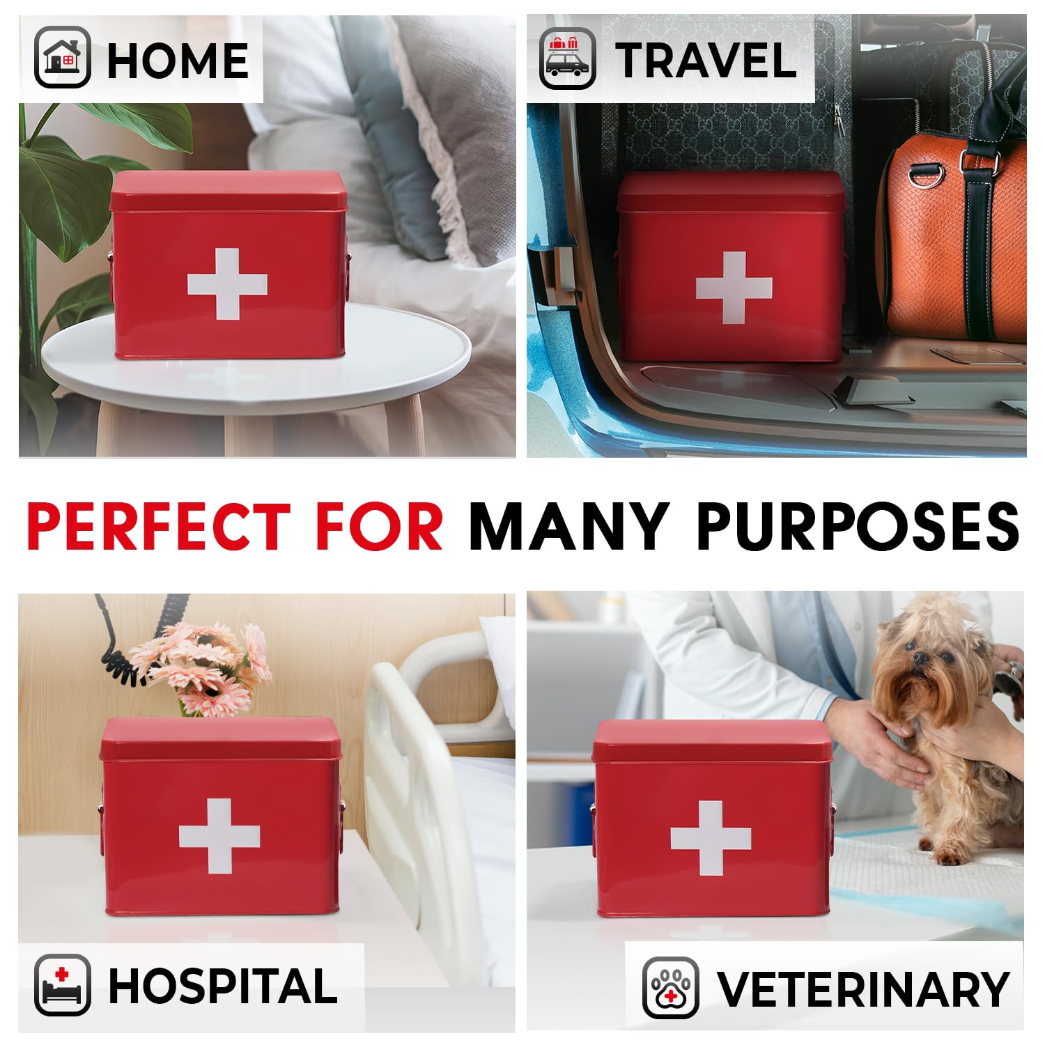 Plexon Contenitore per forniture di primo soccorso, latta di stoccaggio di medicine in metallo da 21,6 cm, organizer per pronto soccorso, kit di pronto soccorso rosso