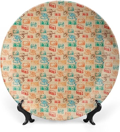 XISUNYA Placa decorativa de 6 pulgadas, porcelana redonda vintage, radio de cámara retro, TV y casete, impresión colorida de cerámica para colgar en