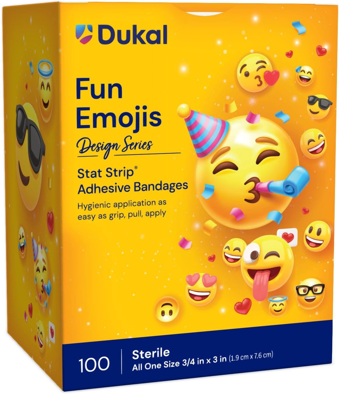 Design Series Fun Emojis Adhesive Bandages with Stat Stripยฎ Technology, ยพโ x 3โ (Box of 100)