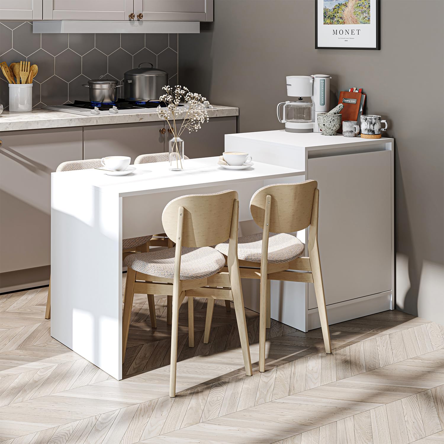ROOMART Kücheninsel „Milano“ – Küchentisch & Esstisch mit Stauraum, Küchenschrank-Kombination, BHT: 160 x 85 x 60 cm – Modern & platzsparend (Weiß)
