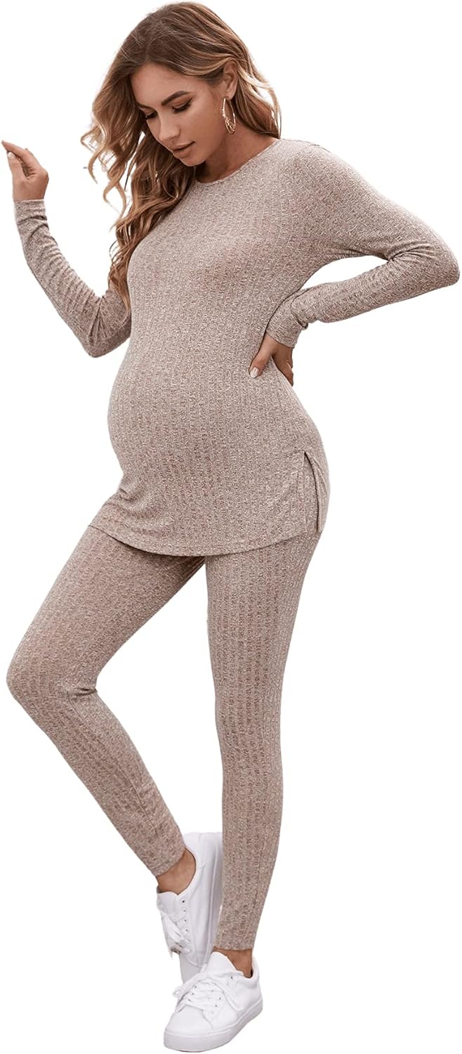 Floerns Women's Maternity 2 Piece Outfit Long Pants Leggings Split Hem Long Sleeve Tee Shirts Tops at  Women’s Clothing store