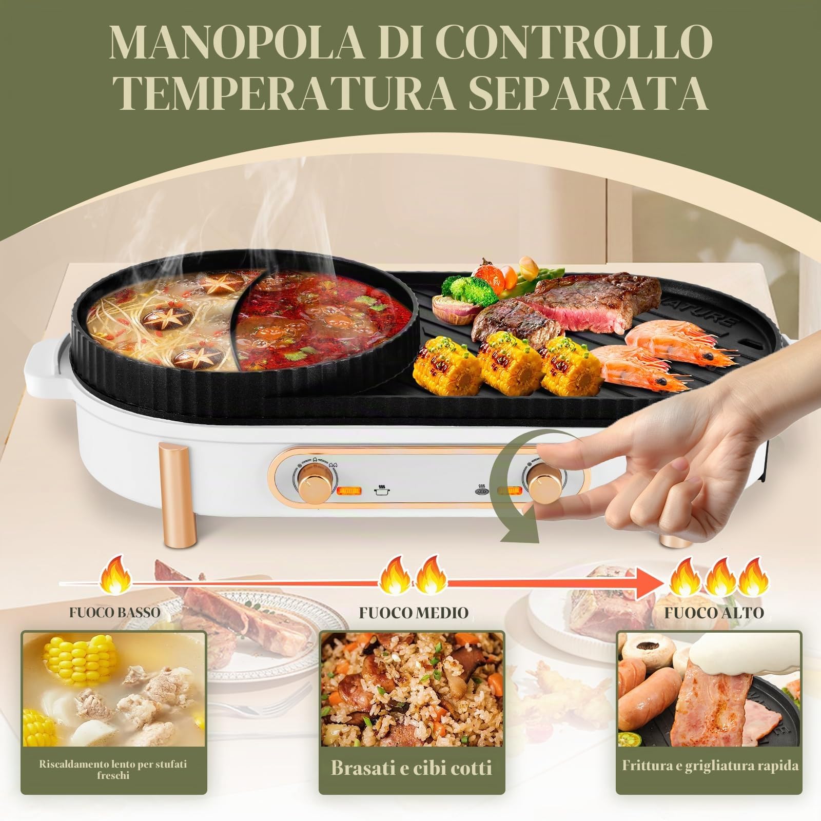 YJINGRUI Hot Pot - Barbecue elettrico 2200 W, 2 in 1, con 2 regolazione indipendente della temperatura per 3-12 persone