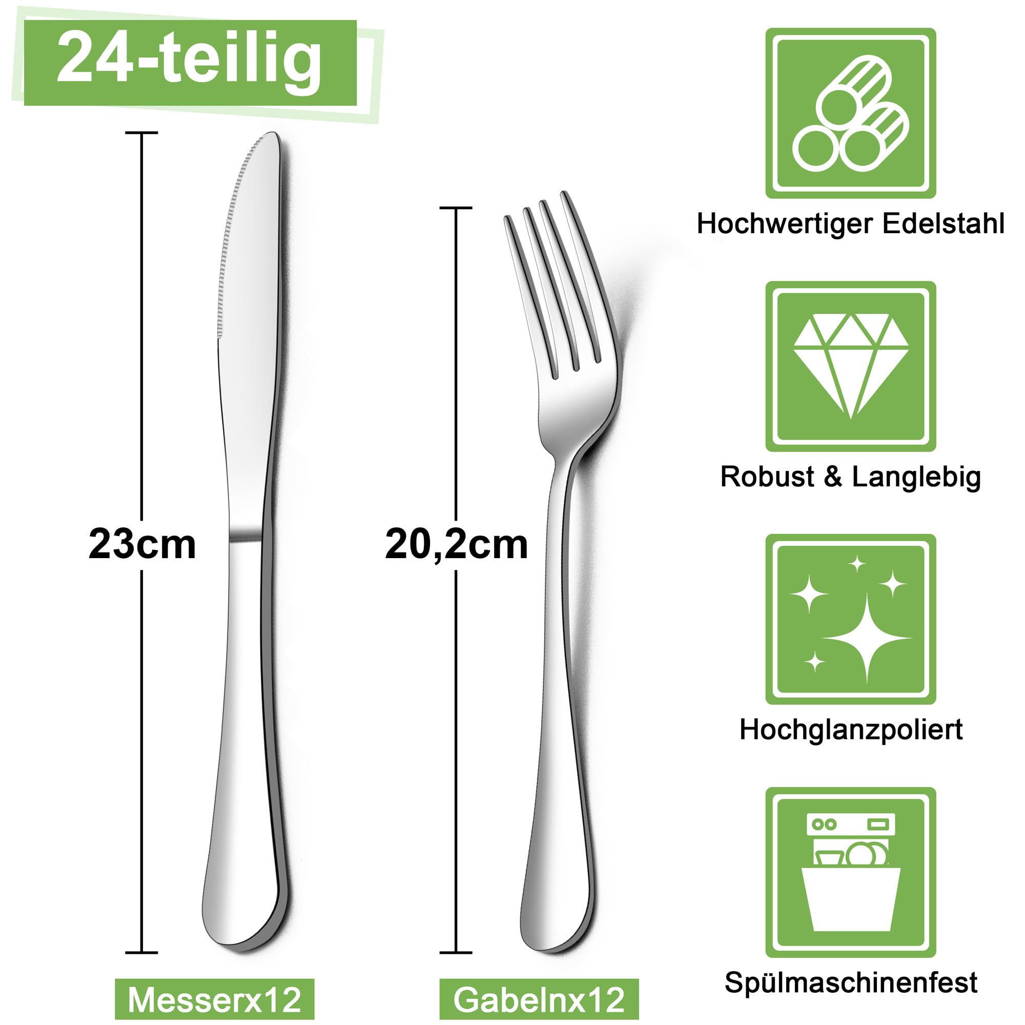 Joyfair Set di posate da bistecca, 24 pezzi, in acciaio inox, coltelli da tavola e forchette, set di posate da bistecca per 12 persone, coltelli e forchette, per casa/ristorante, lucidati e lavabili