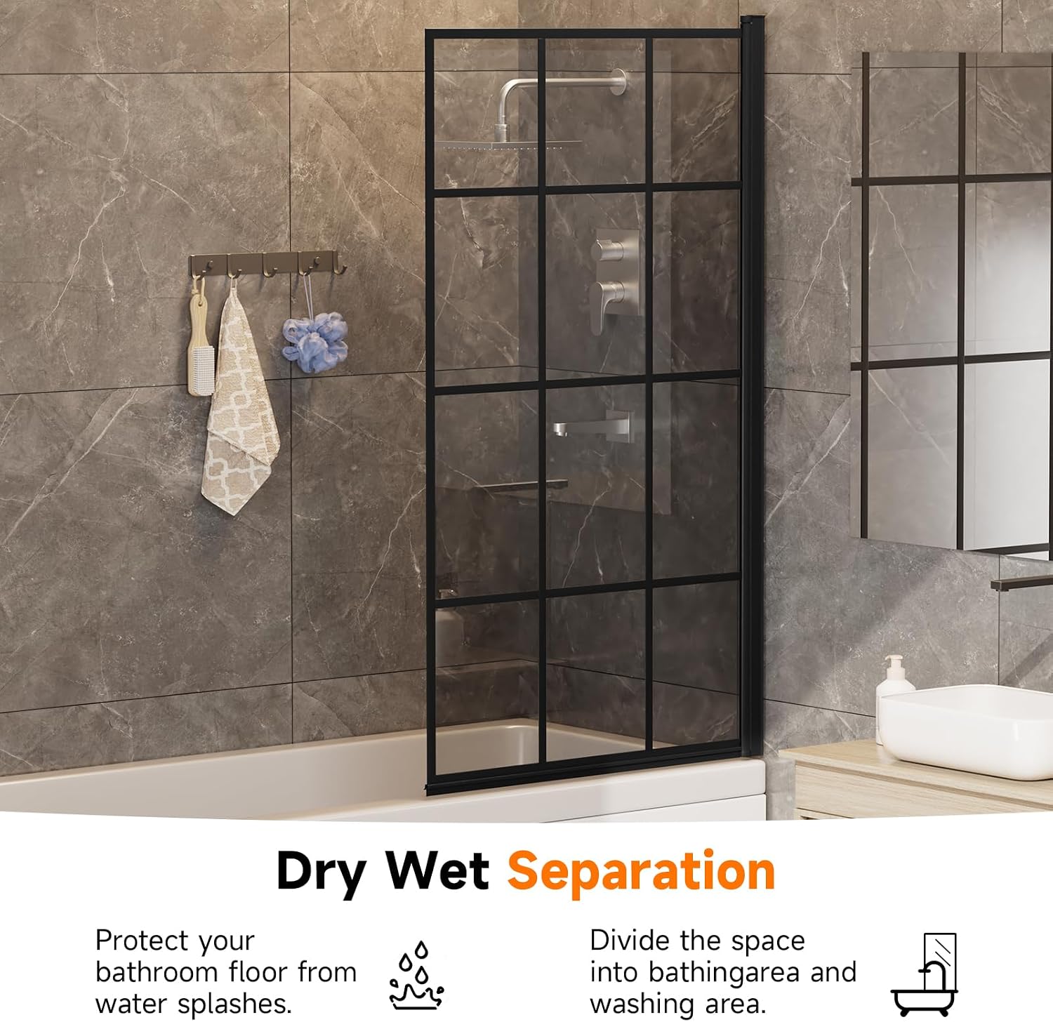 INMOZATA Black Shower Screen, 180 Degree Rotation Tempered Glass Shower Screens for Bath, Over Bath Shower Screen Glass Panel, 800 * 1400mm