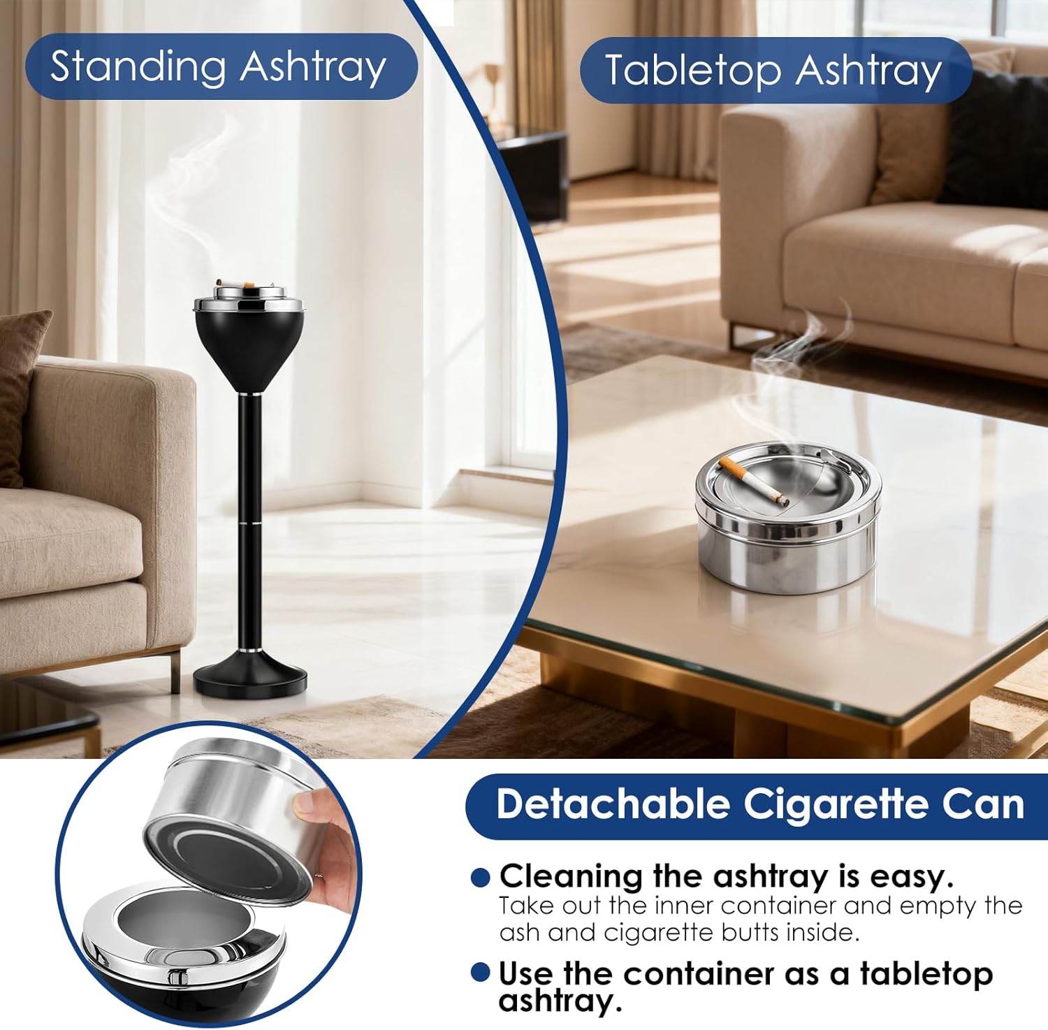 Ash Tray, Standing Cigar Ashtray, 16"&24.2" Adjustable Outdoor Ashtray With Lid, Black Ash Tray Outdoors, Detachable Cigar Ashtrays for Outdoors with Weighted Base, Outdoor Ashtrays for Patio Indoor