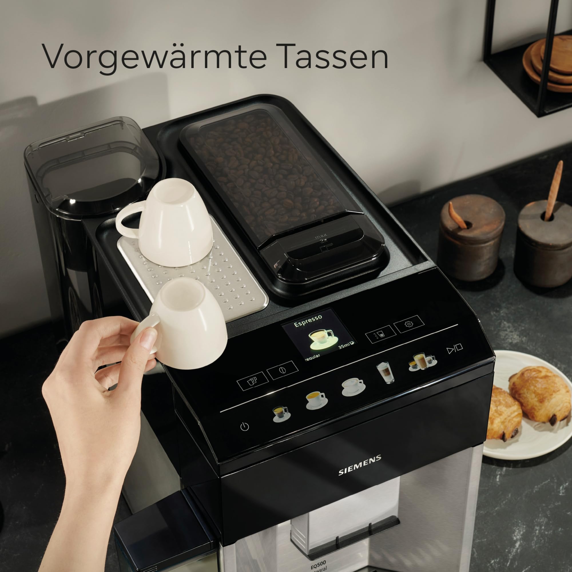 Siemens Kaffeevollautomat EQ500 integral, farbiges TFT-Display, 9 Kaffee- und Milchgetränke, Doppeltassenfunktion, Tassenwärmer, entnehmbare Brüheinheit, Edelstahl schwarz, TQ517D03