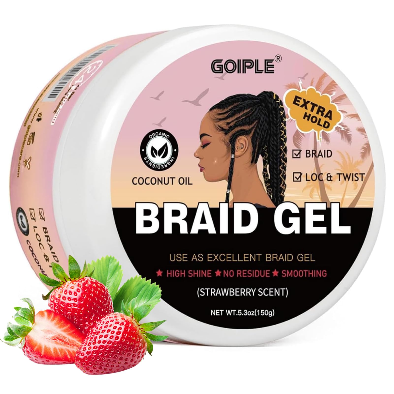 150g Braid Gel with Extra Hold, High Shine for Twists, Locs, Braids & Edge Control - Smooths Frizz, Long-Lasting for Locks, Cornrows 5.3oz (Strawberry Flover)