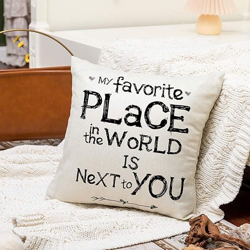 Miniatura 3 de Ogiselestyle My Favorite Place in The World is Next to You - Funda de cojín decorativa de lino y algodón con cita inspiradora para el hogar, 18 x 18