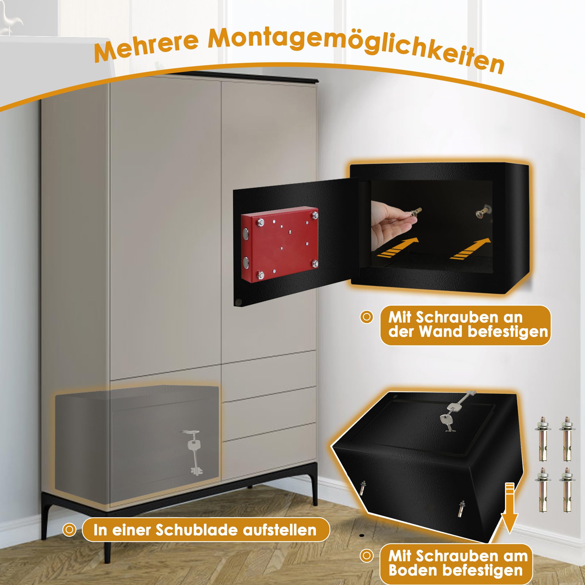 Froadp Coffre-fort coffre-fort avec serrure à double panneton, 2 clés et vis de fixation Homesafe - Coffre-fort mural - Boîte de sécurité pour la maison, l'hôtel, les objets de valeur - Noir (L - 31 x