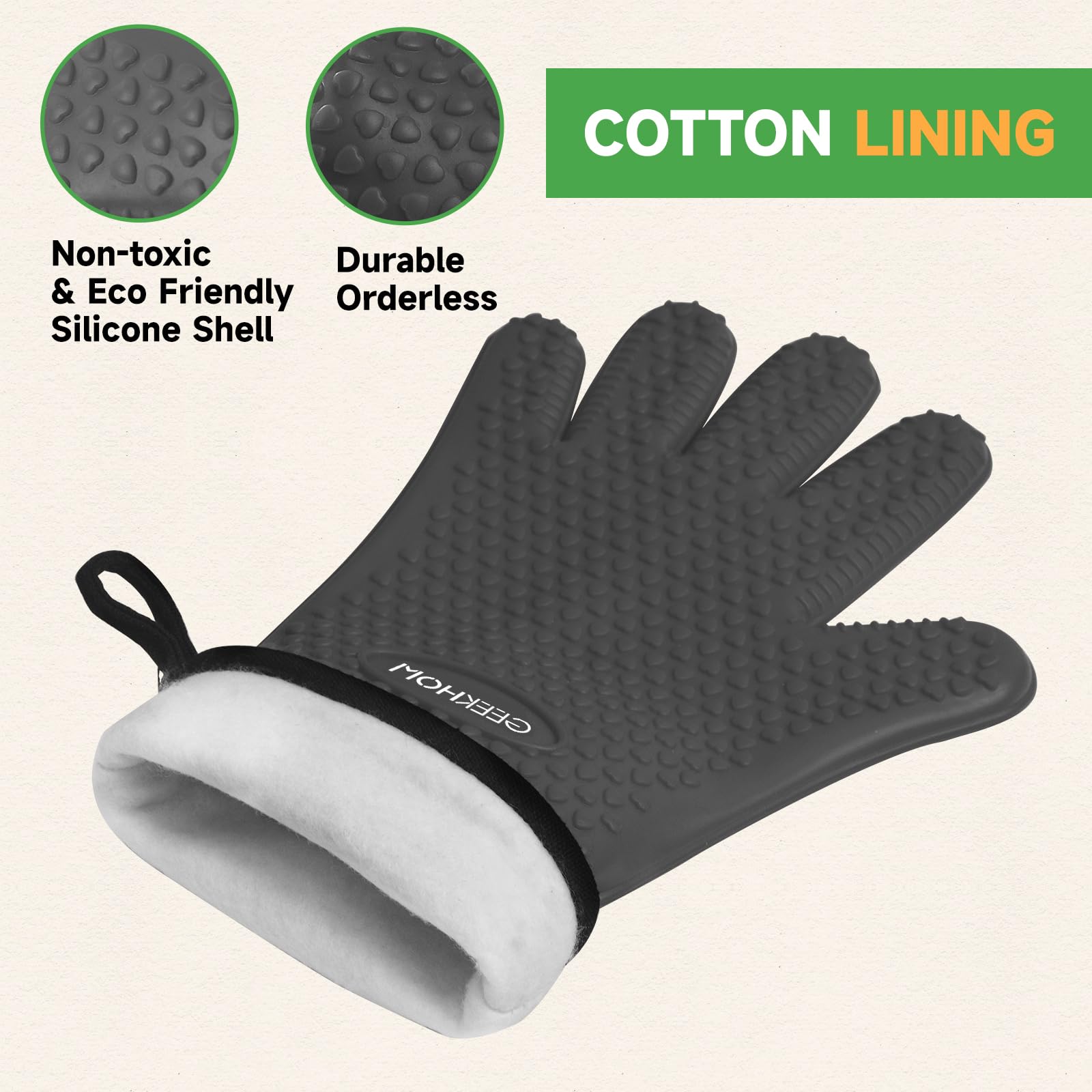 GEEKHOM Guantes Cocina, XL Guantes Horno, Manoplas para Barbacoa Asado BBQ, Resistentes al Calor hasta 230℃ con Silicona Antideslizantes Impermeable, 35.56cm Largo para Proteger El Antebrazo -Gris