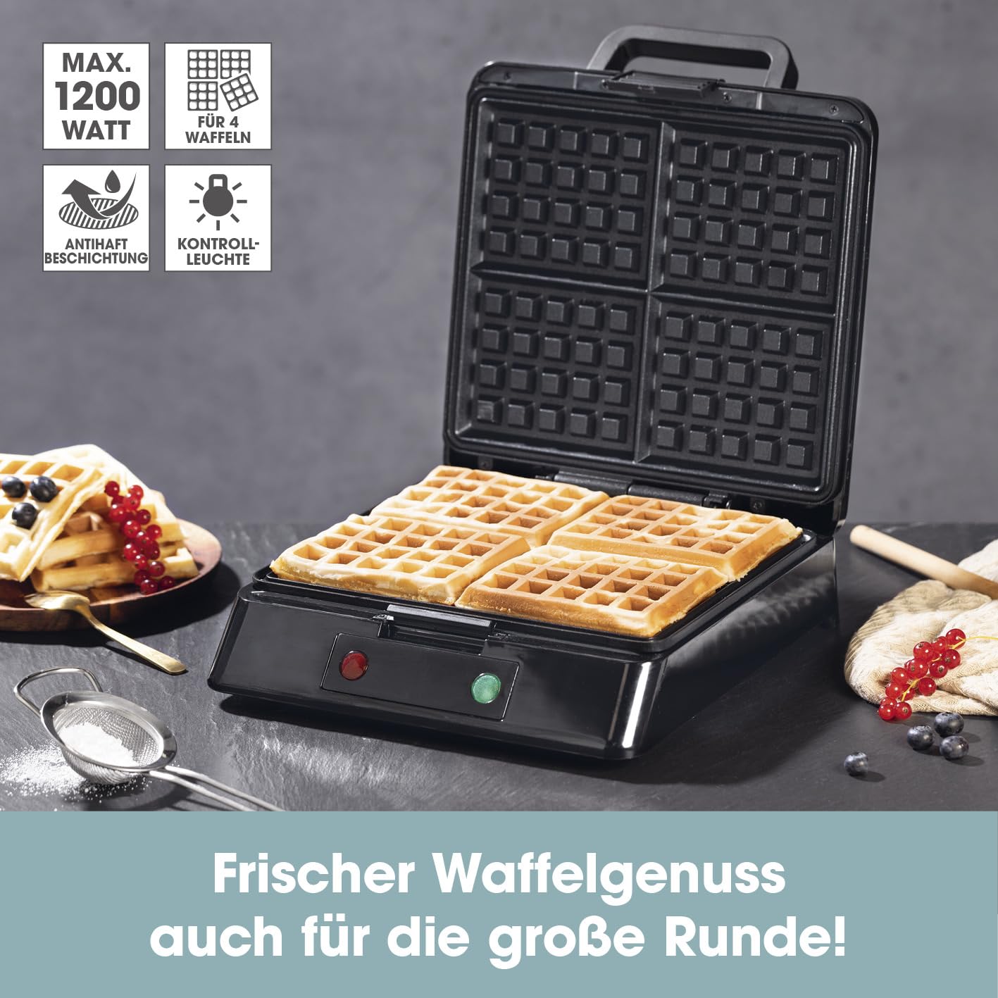 GOURMETmaxx Waffeleisen für 4 Belgische Waffeln | Waffelautomat mit Antihaftbeschichtung, stufenlos einstellbarer Bräunungsgrad und Kontrollleuchte | Duftende belgische Waffeln ganz einfach zubereitet