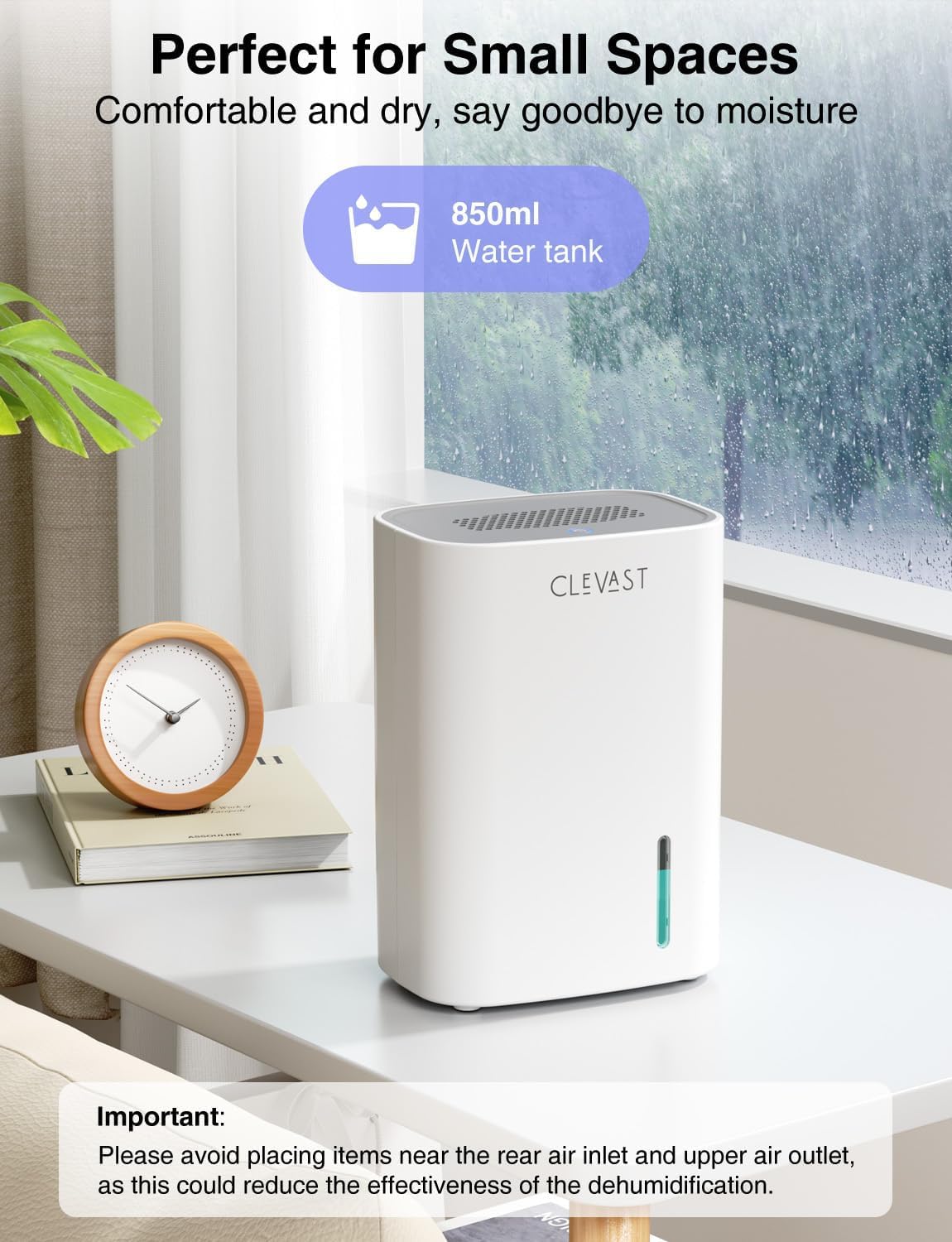 CLEVAST Déshumidificateur Électrique 850 ml, Ultra Silencieux avec Arrêt automatique, Mini Déshumidificateur Portable pour Chambre à Coucher, Salle de Bain, Armoire, Chambre d'Enfant
